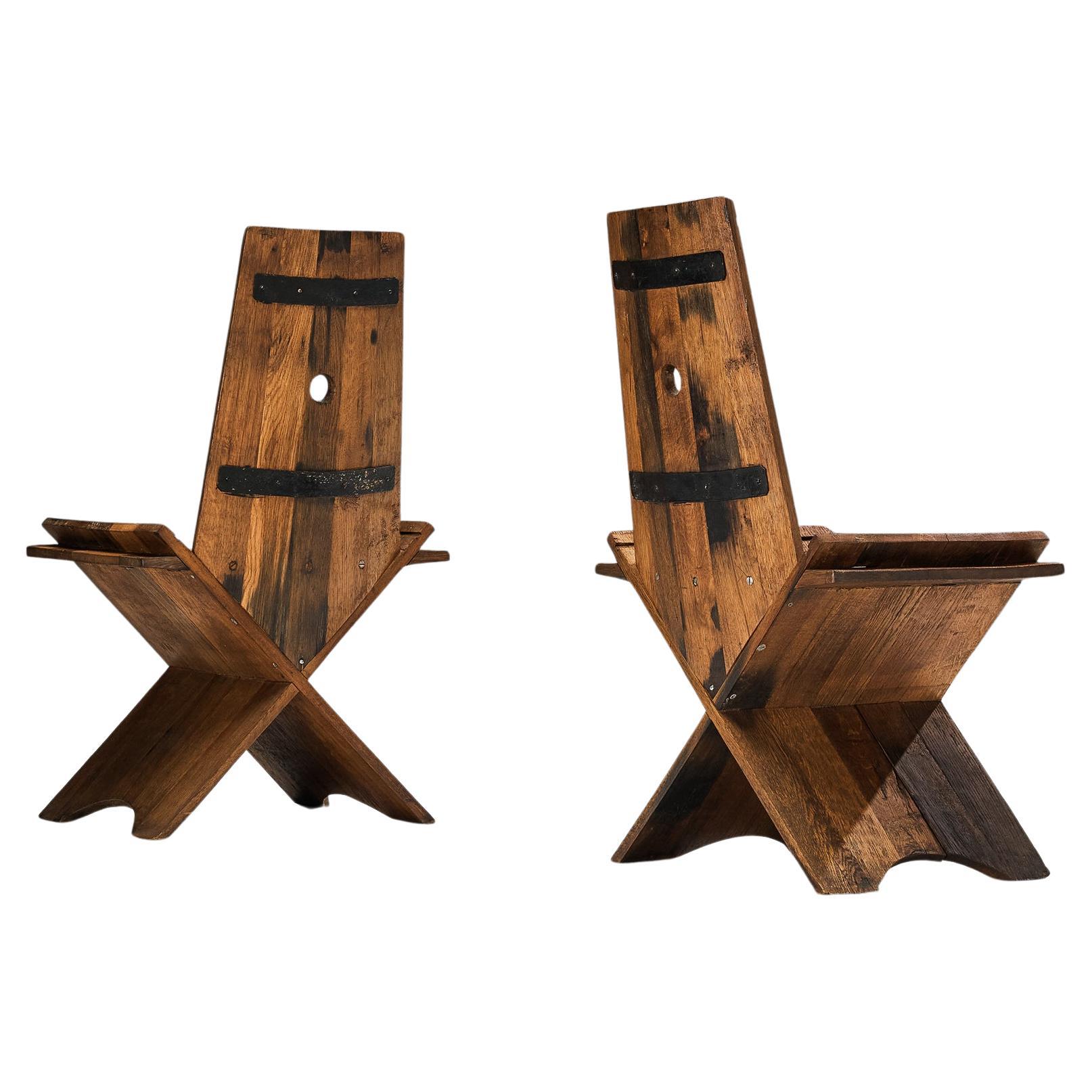 Sculptural Pair of Dining Chairs in Oak with Iron Accents