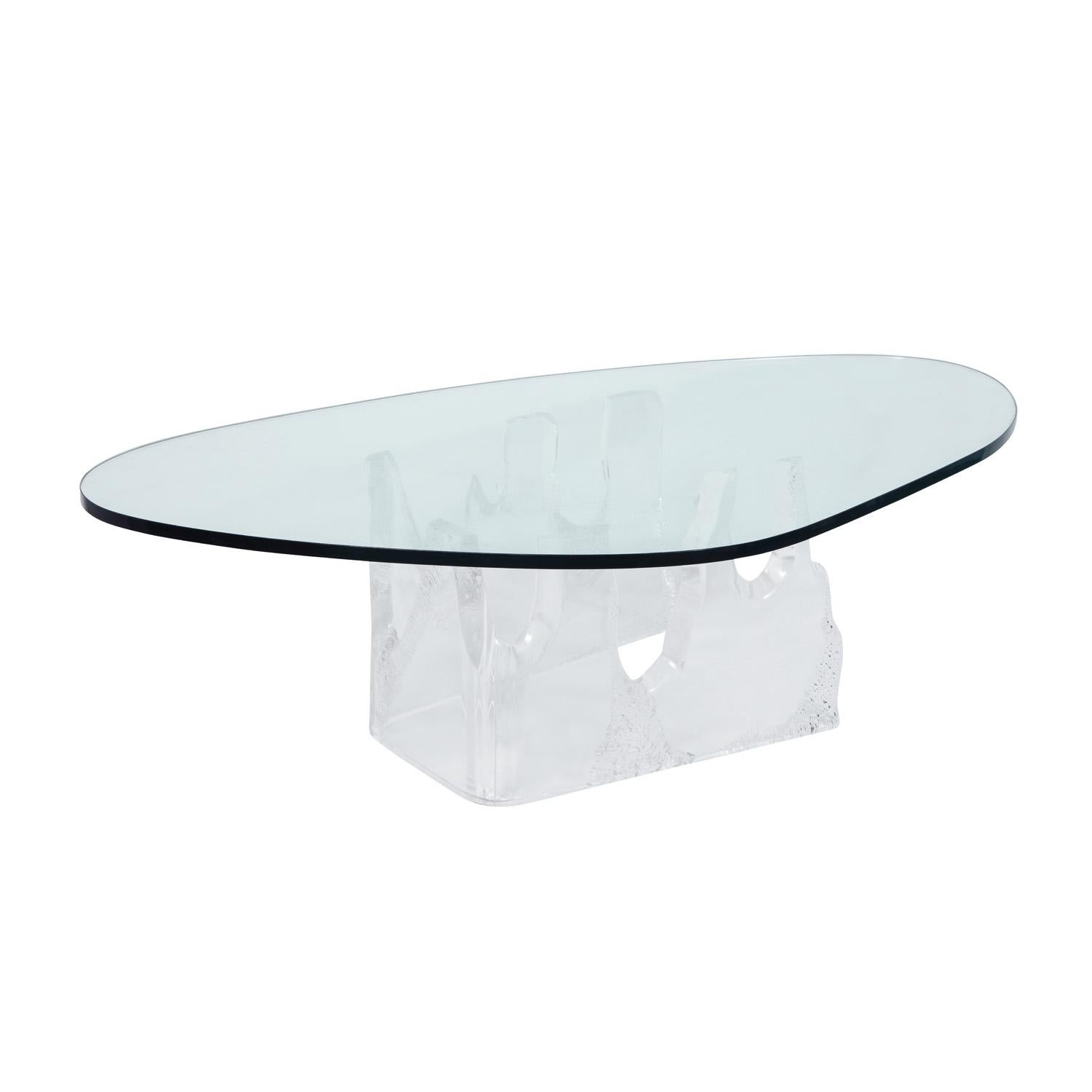 Pair of large free form coffee tables with stalagmite lucite bases and thick glass tops attributed to Lion in Frost, American 1970's. These tables are different heights so one can cantilever over the other if desired. They are a big scale and would