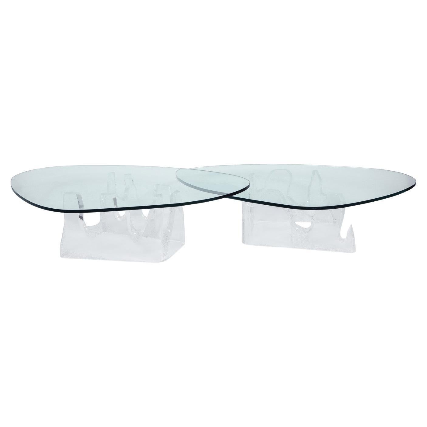 Sculptural Pair of Free Form Coffee Tables in Lucite with Glass Tops, 1970s