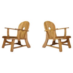 Sculptural Pair of French Brutalist Oak Lounge Chairs, 1960s