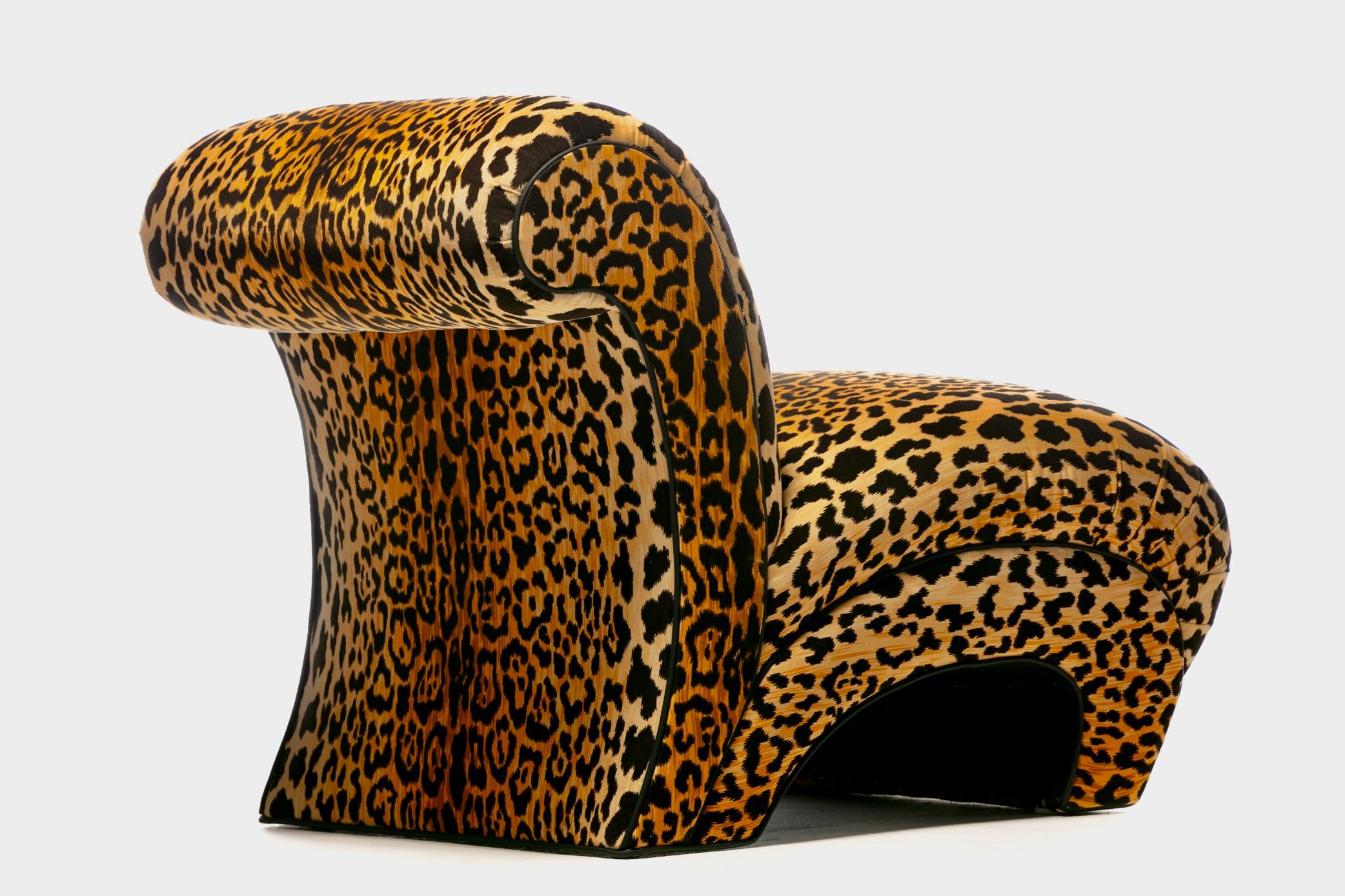 Upholstery Sculptural Pair of Fully Restored Post Modern Slipper Chairs in Leopard Velvet