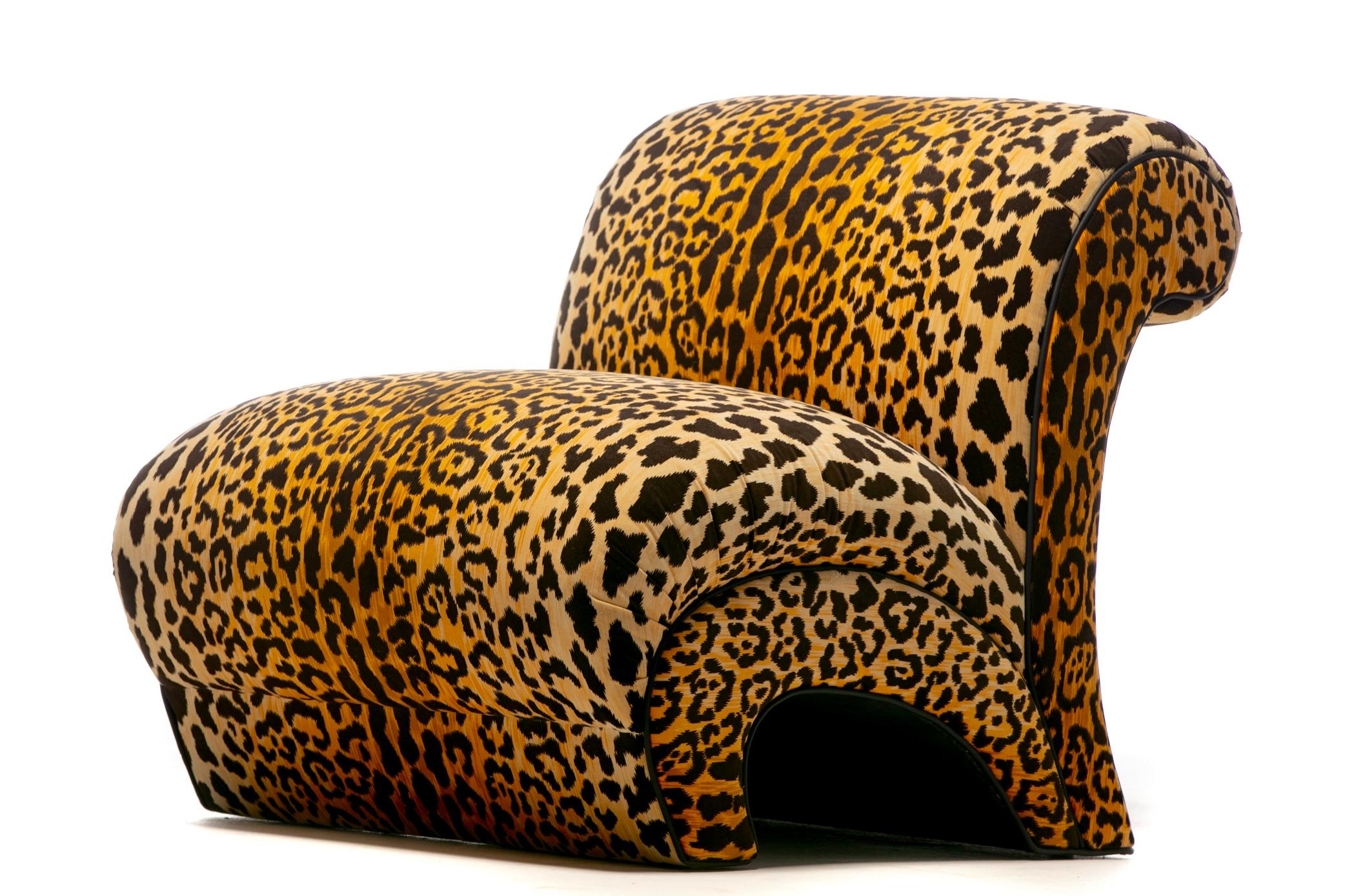 Sculptural Pair of Fully Restored Post Modern Slipper Chairs in Leopard Velvet 4
