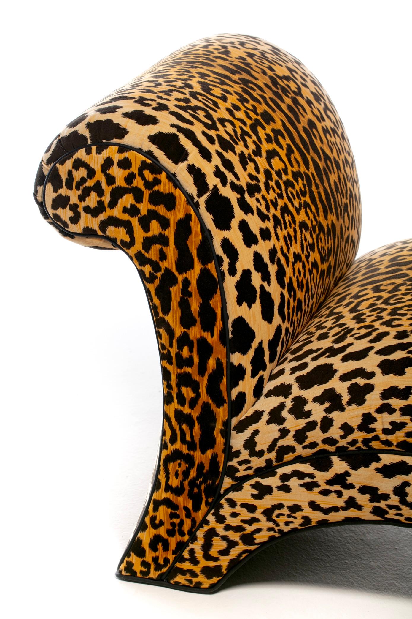 Sculptural Pair of Fully Restored Post Modern Slipper Chairs in Leopard Velvet 6