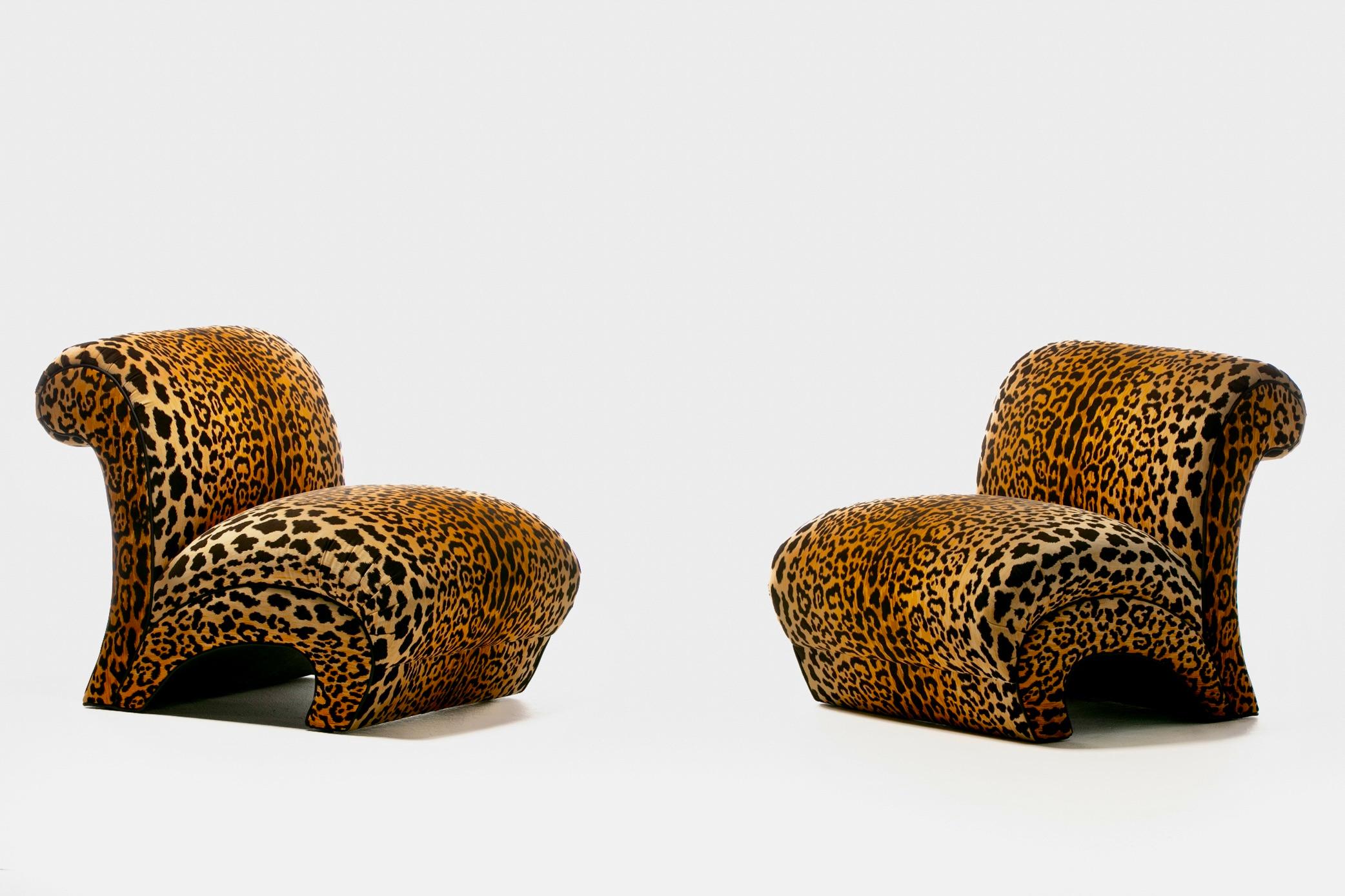 Sculptural Pair of Fully Restored Post Modern Slipper Chairs in Leopard Velvet 10
