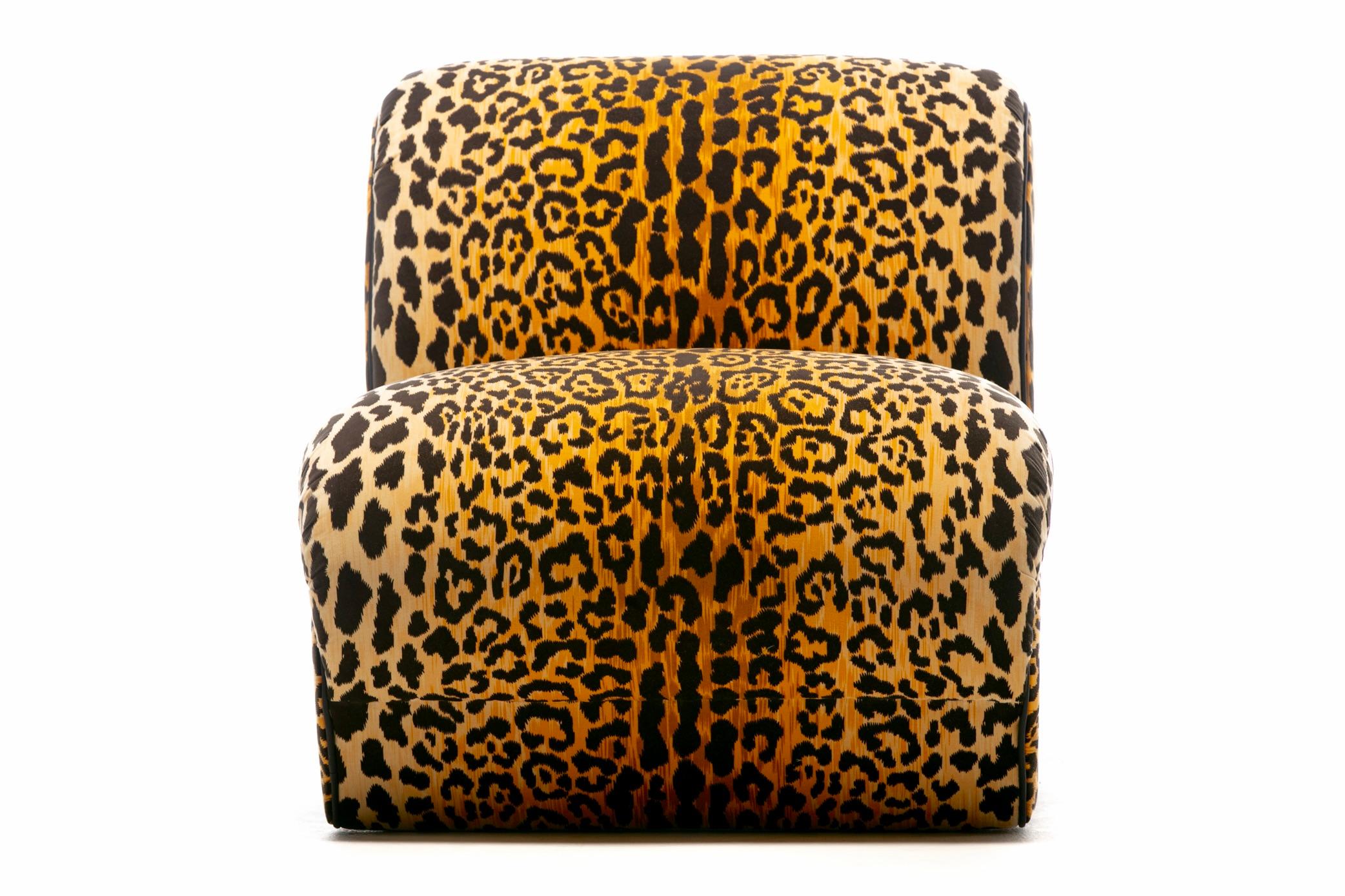 American Sculptural Pair of Fully Restored Post Modern Slipper Chairs in Leopard Velvet
