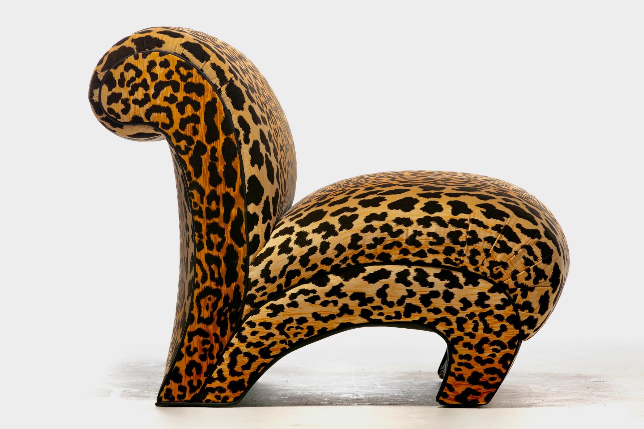 Late 20th Century Sculptural Pair of Fully Restored Post Modern Slipper Chairs in Leopard Velvet