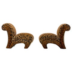 Sculptural Pair of Fully Restored Post Modern Slipper Chairs in Leopard Velvet