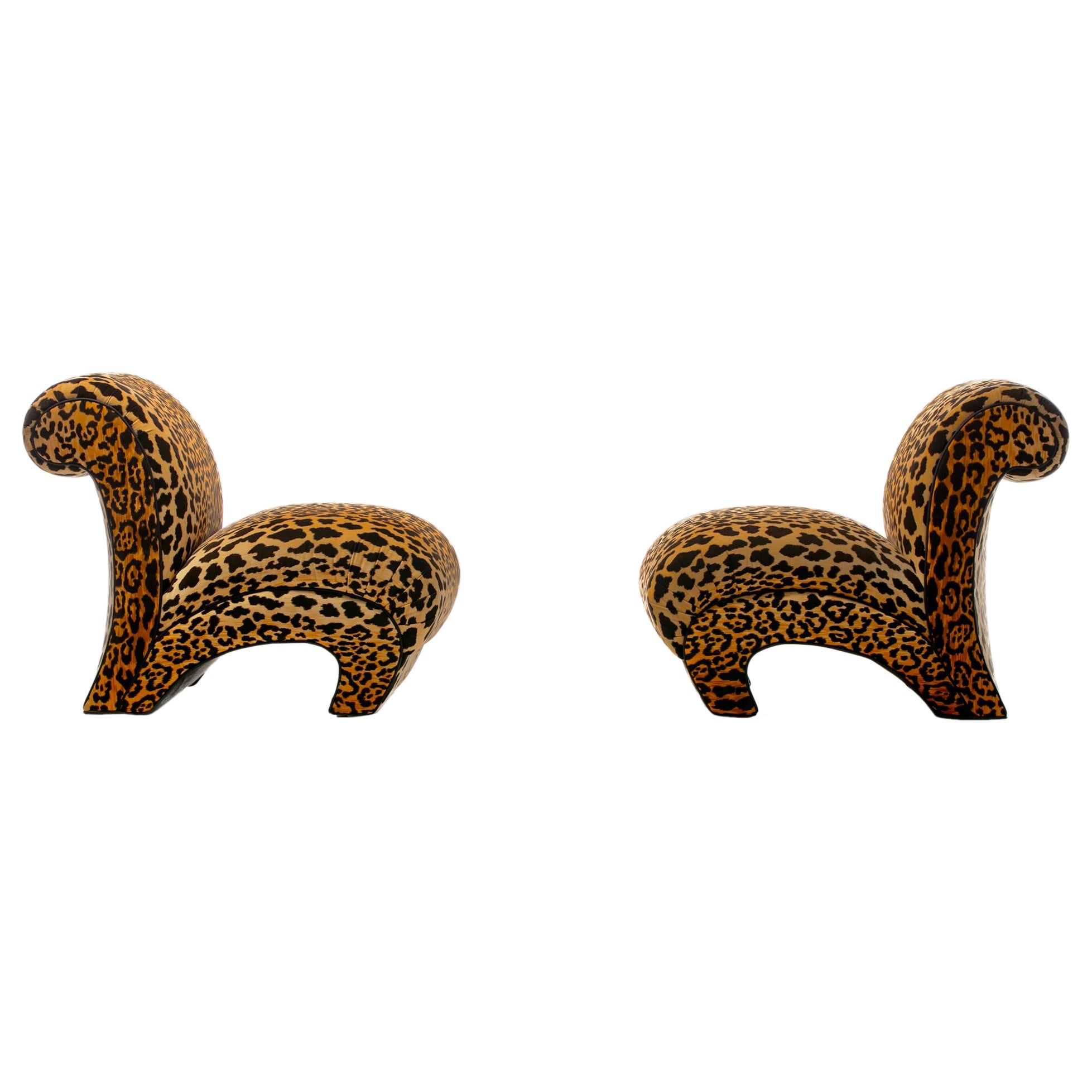 Sculptural Pair of Fully Restored Post Modern Slipper Chairs in Leopard Velvet For Sale