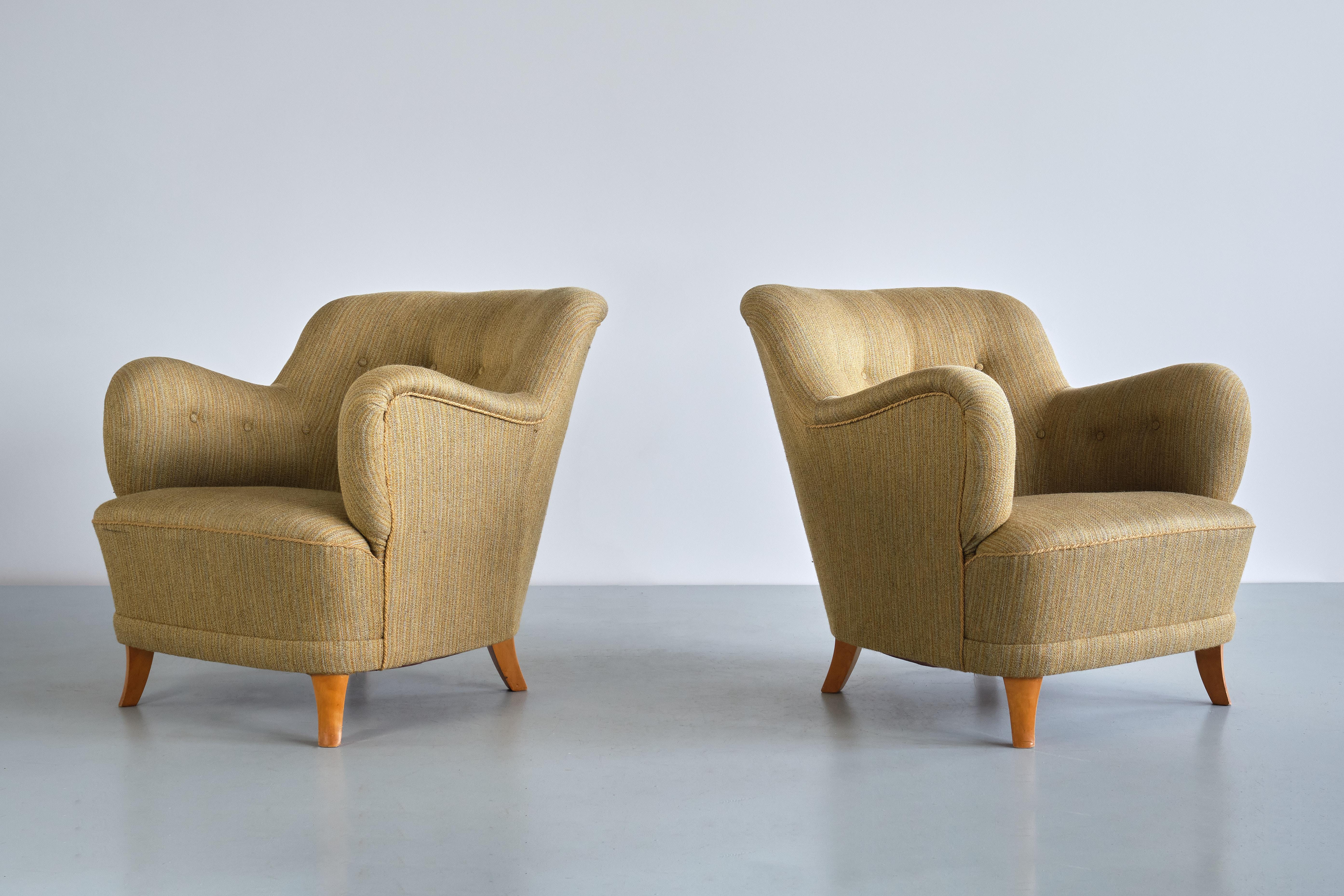 Sculptural Pair of Gustav Axel Berg Armchairs in Beech and Wool, Sweden, 1940s For Sale 9