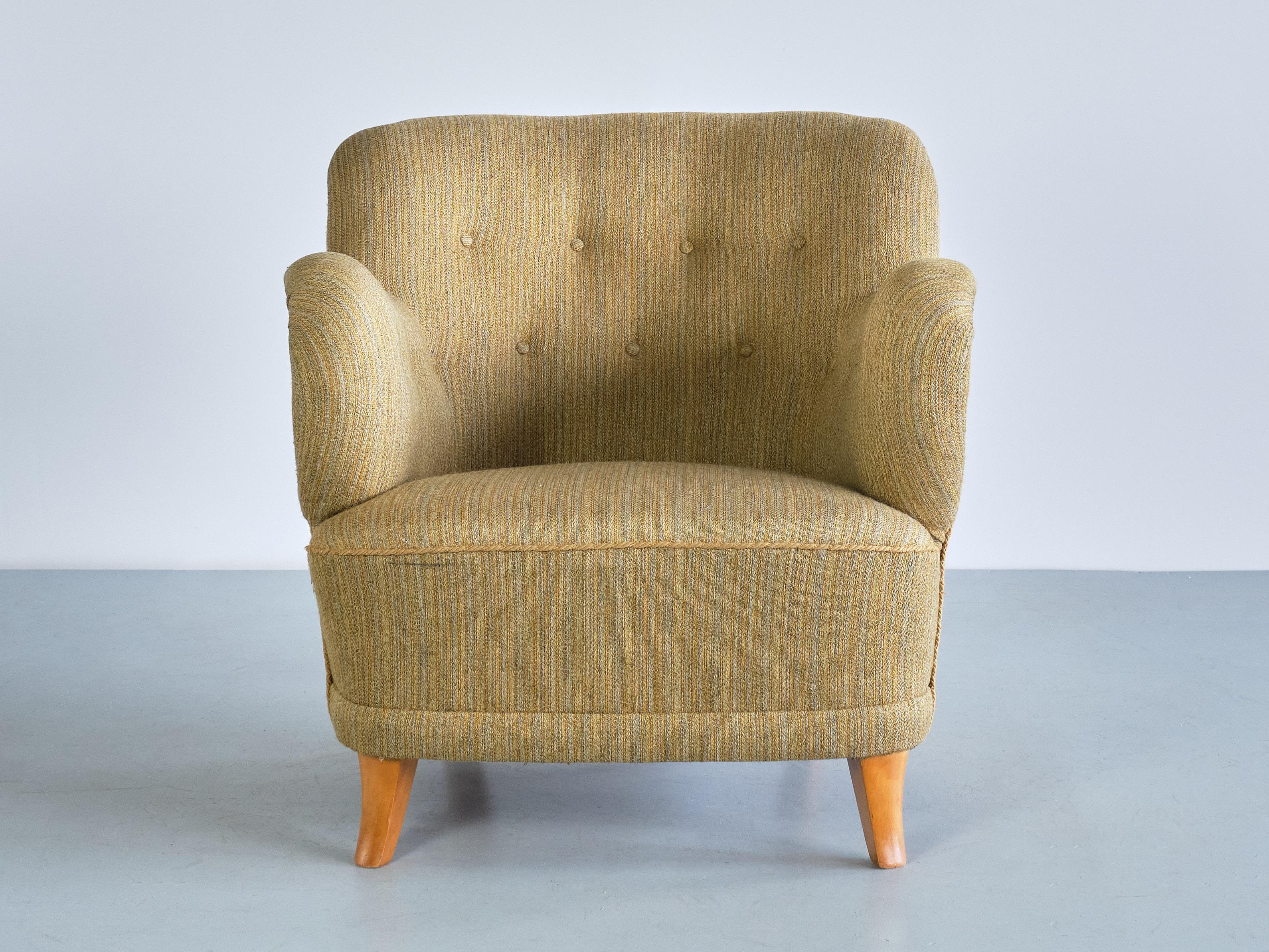Swedish Sculptural Pair of Gustav Axel Berg Armchairs in Beech and Wool, Sweden, 1940s For Sale