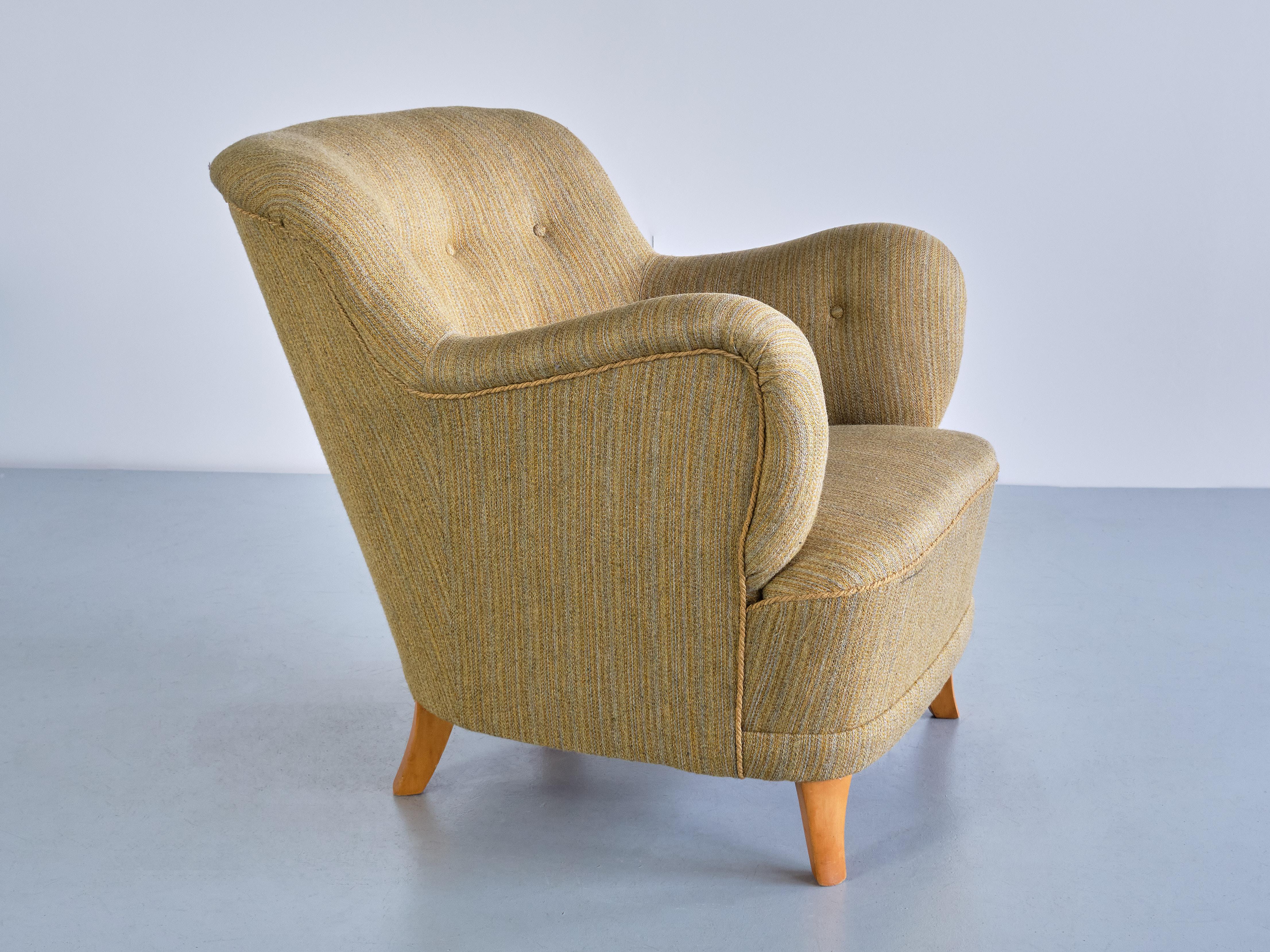 Fabric Sculptural Pair of Gustav Axel Berg Armchairs in Beech and Wool, Sweden, 1940s For Sale