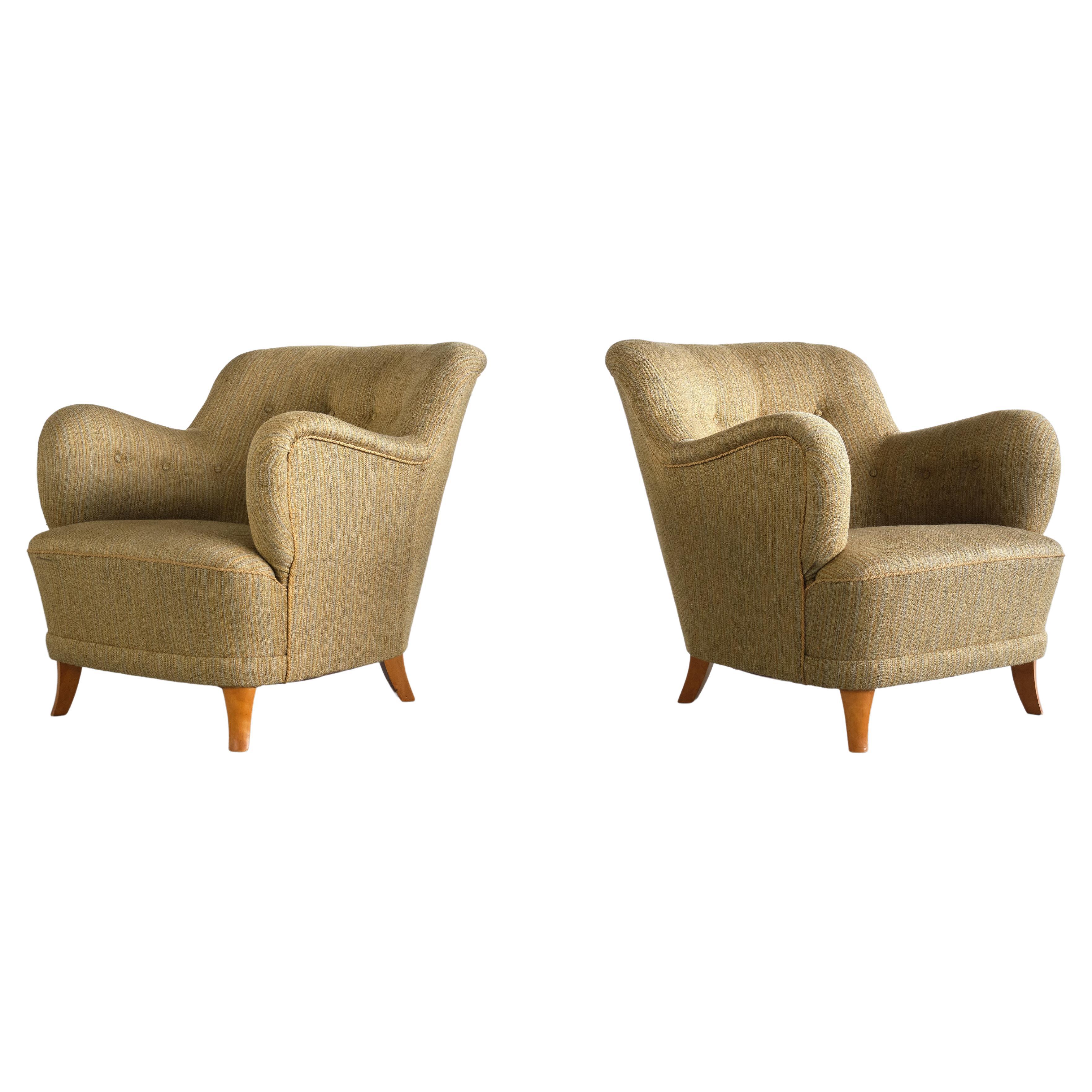 Sculptural Pair of Gustav Axel Berg Armchairs in Beech and Wool, Sweden, 1940s For Sale