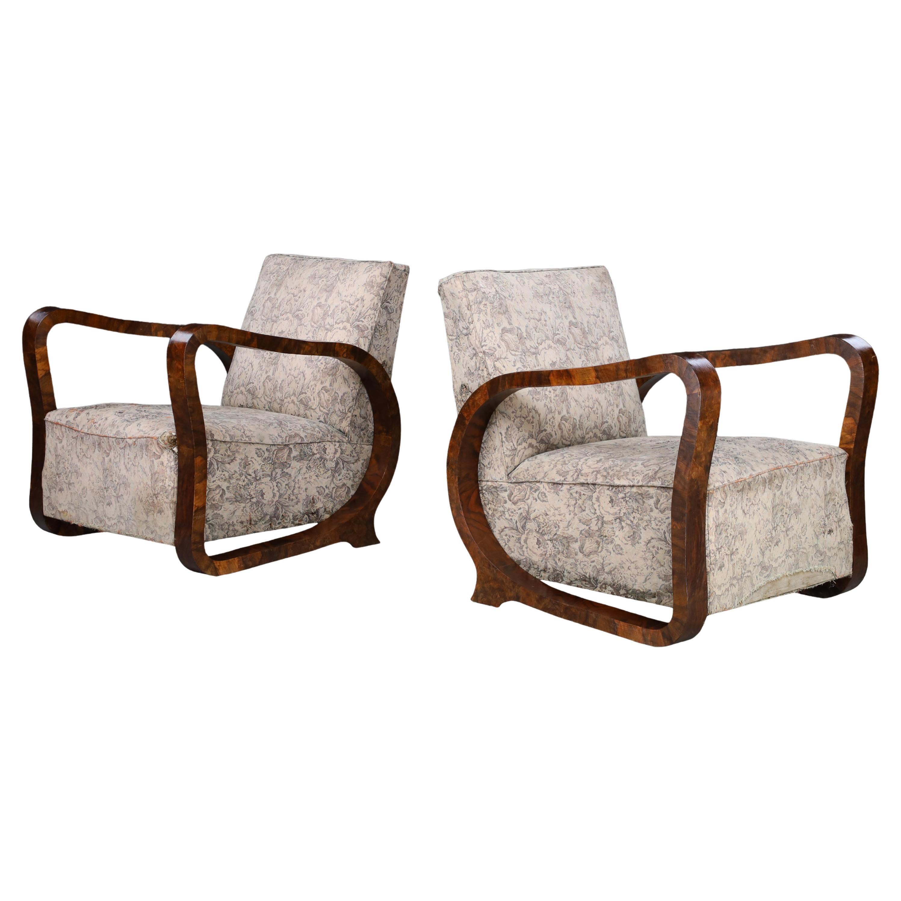 Sculptural Pair of Italian Art Deco Burl Wood Club Armchairs, 1920s–1930s in vendita