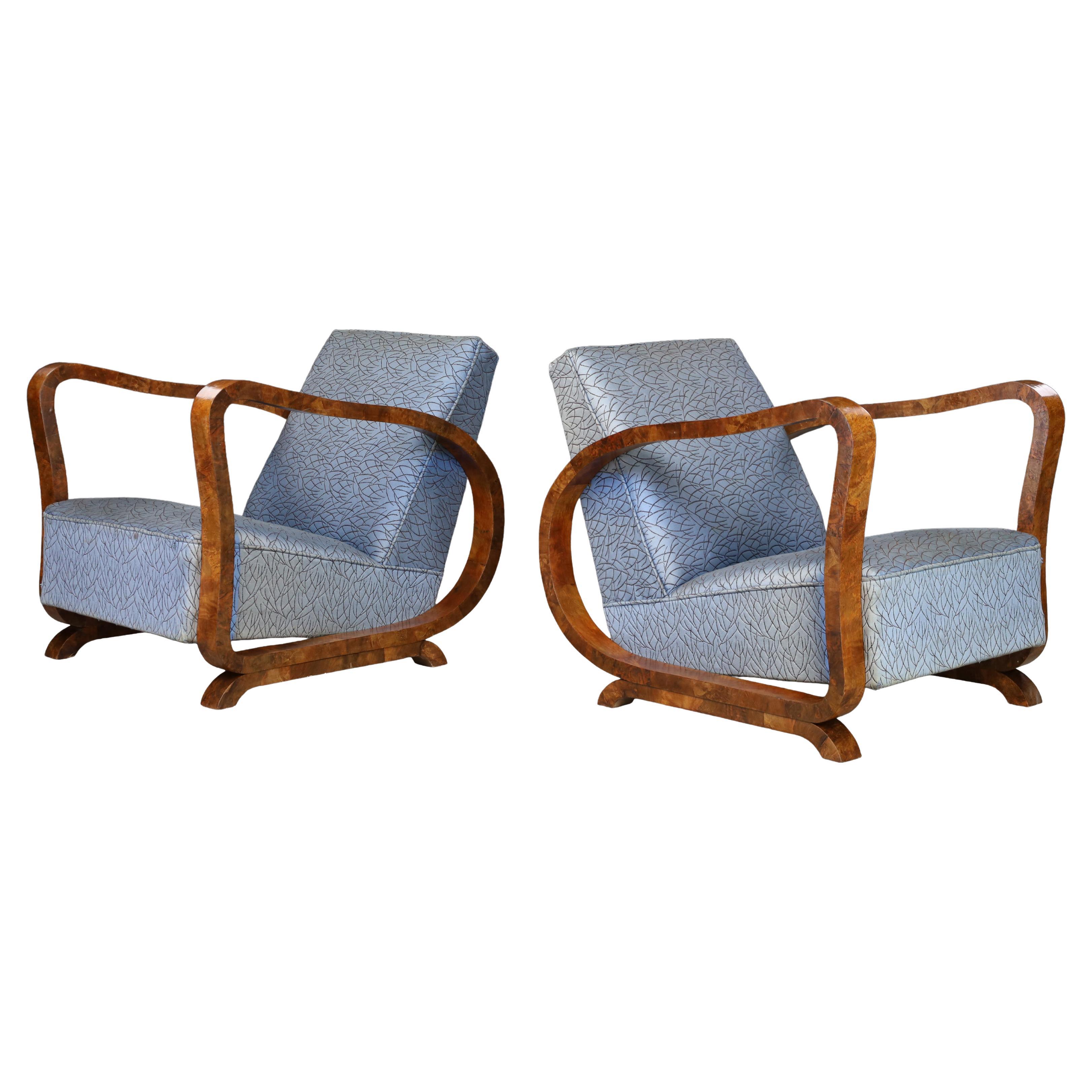 Sculptural Pair of Italian Art Deco Burl Wood Club Armchairs, 1920s–1930s
