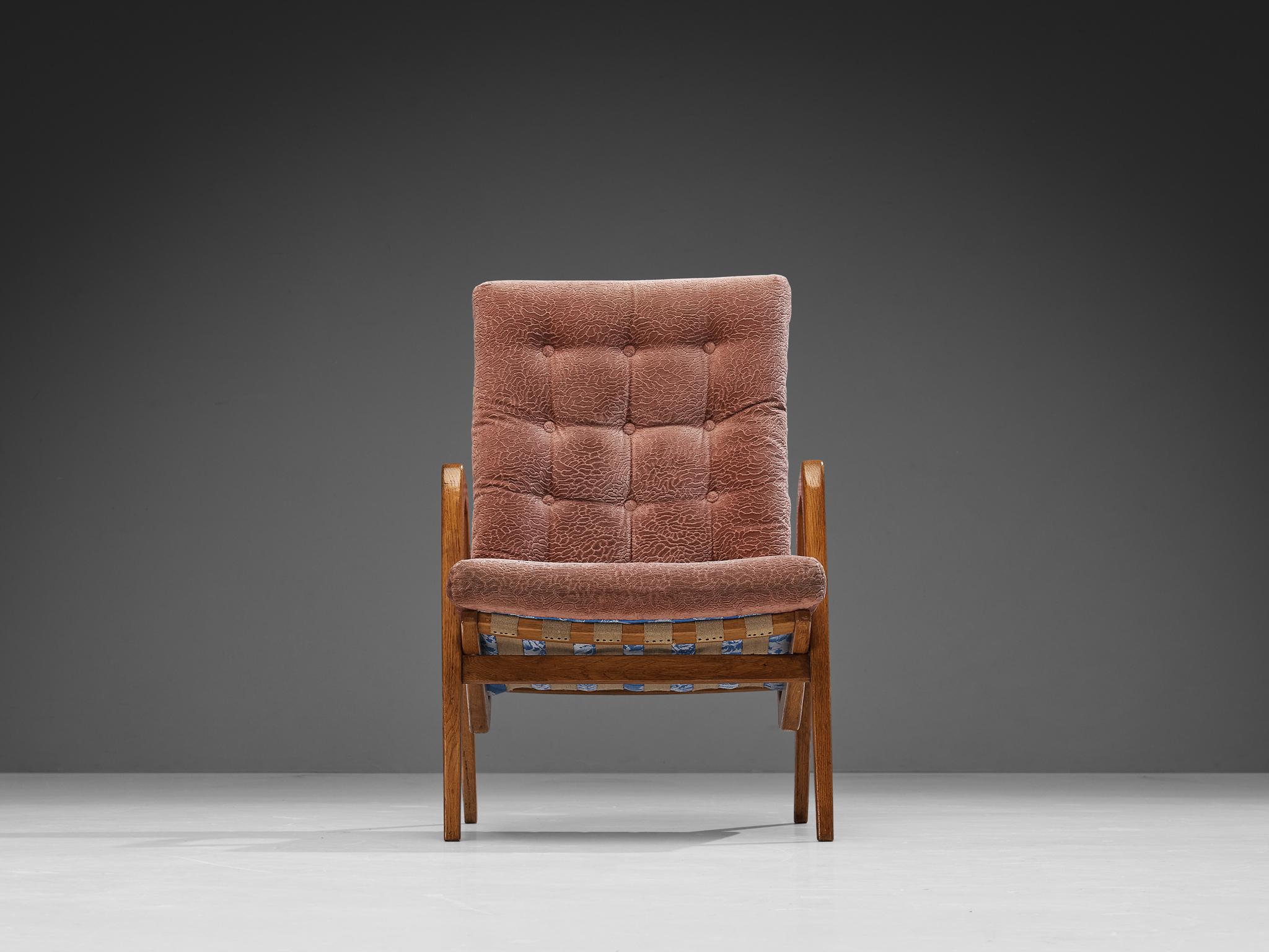 Mid-20th Century Sculptural Pair of Lounge Chairs in Oak and Burgundy Upholstery For Sale