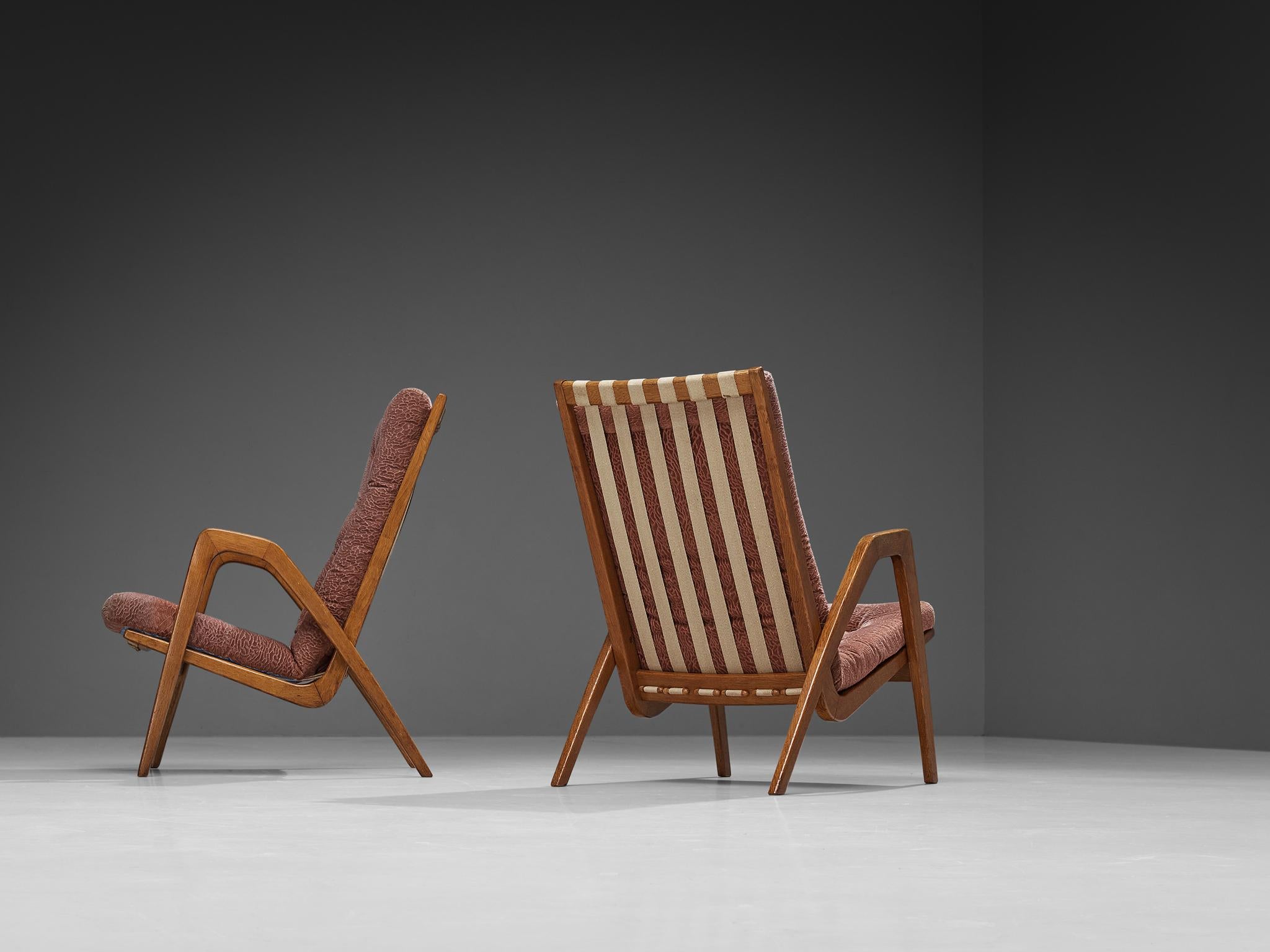 Fabric Sculptural Pair of Lounge Chairs in Oak and Burgundy Upholstery For Sale