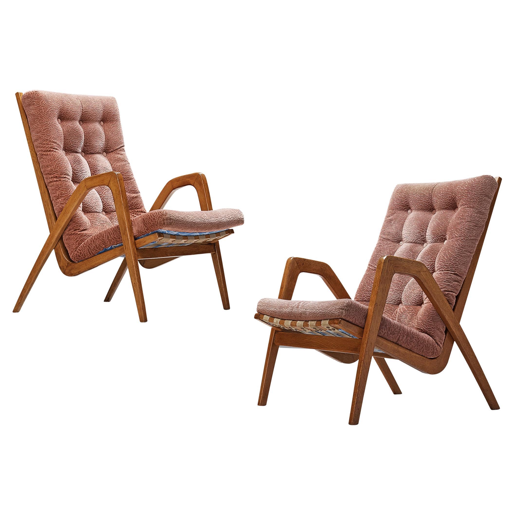 Sculptural Pair of Lounge Chairs in Oak and Burgundy Upholstery For Sale