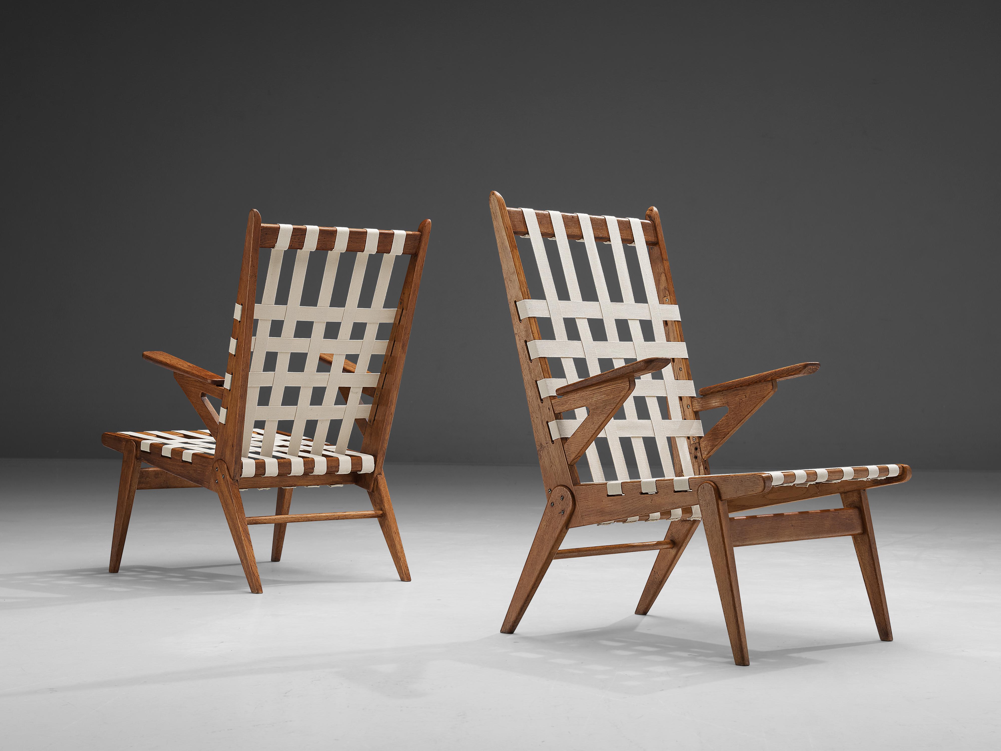 Mid-Century Modern Jan Vaněk Pair of Lounge Chairs in Oak and Canvas  For Sale