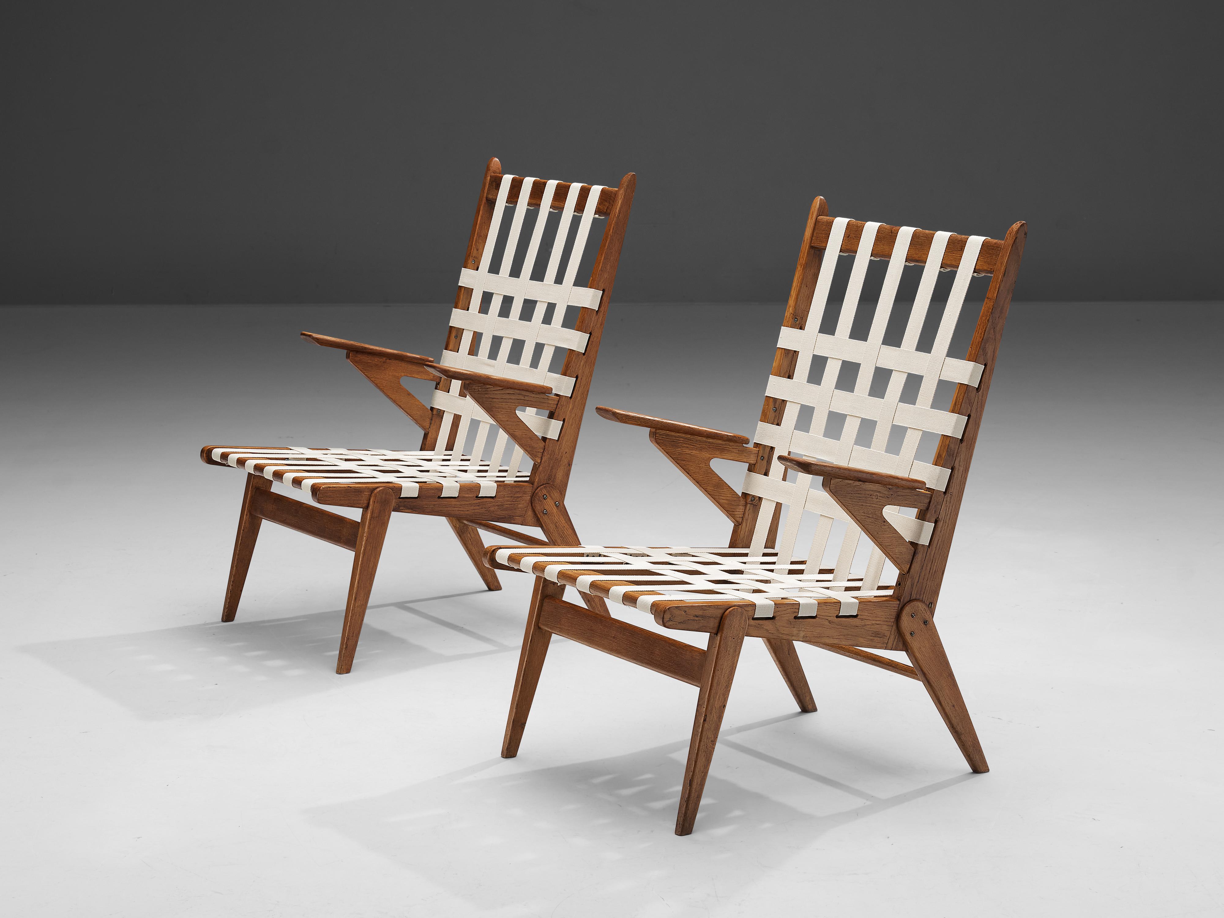 Jan Vaněk Pair of Lounge Chairs in Oak and Canvas  In Good Condition For Sale In Waalwijk, NL