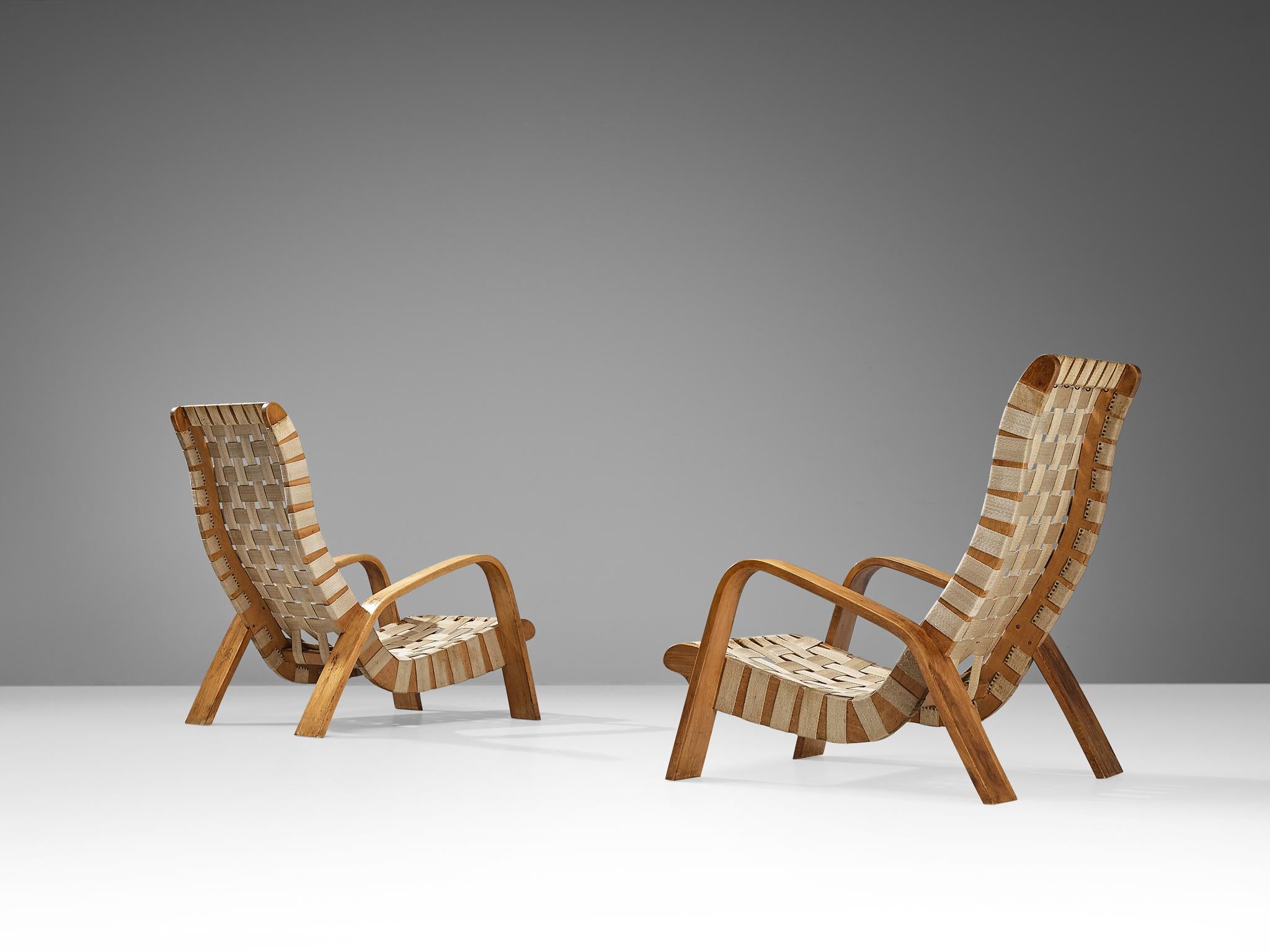 Czech Sculptural Pair of Lounge Chairs with Canvas Webbing  For Sale