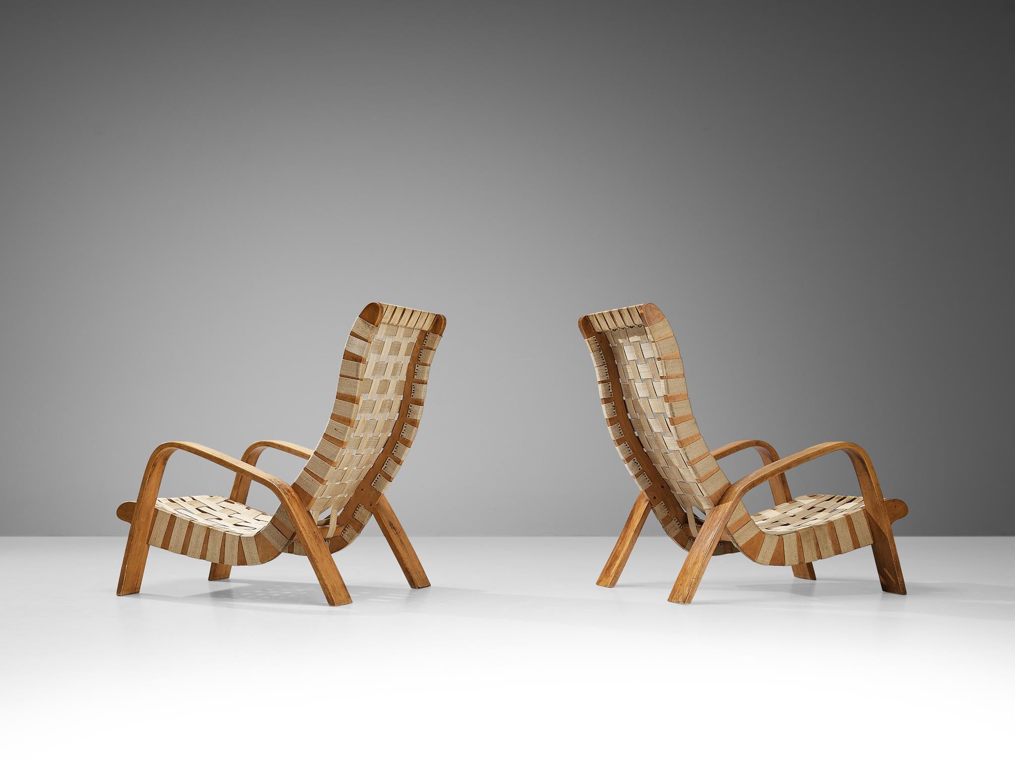 Sculptural Pair of Lounge Chairs with Canvas Webbing  For Sale 1