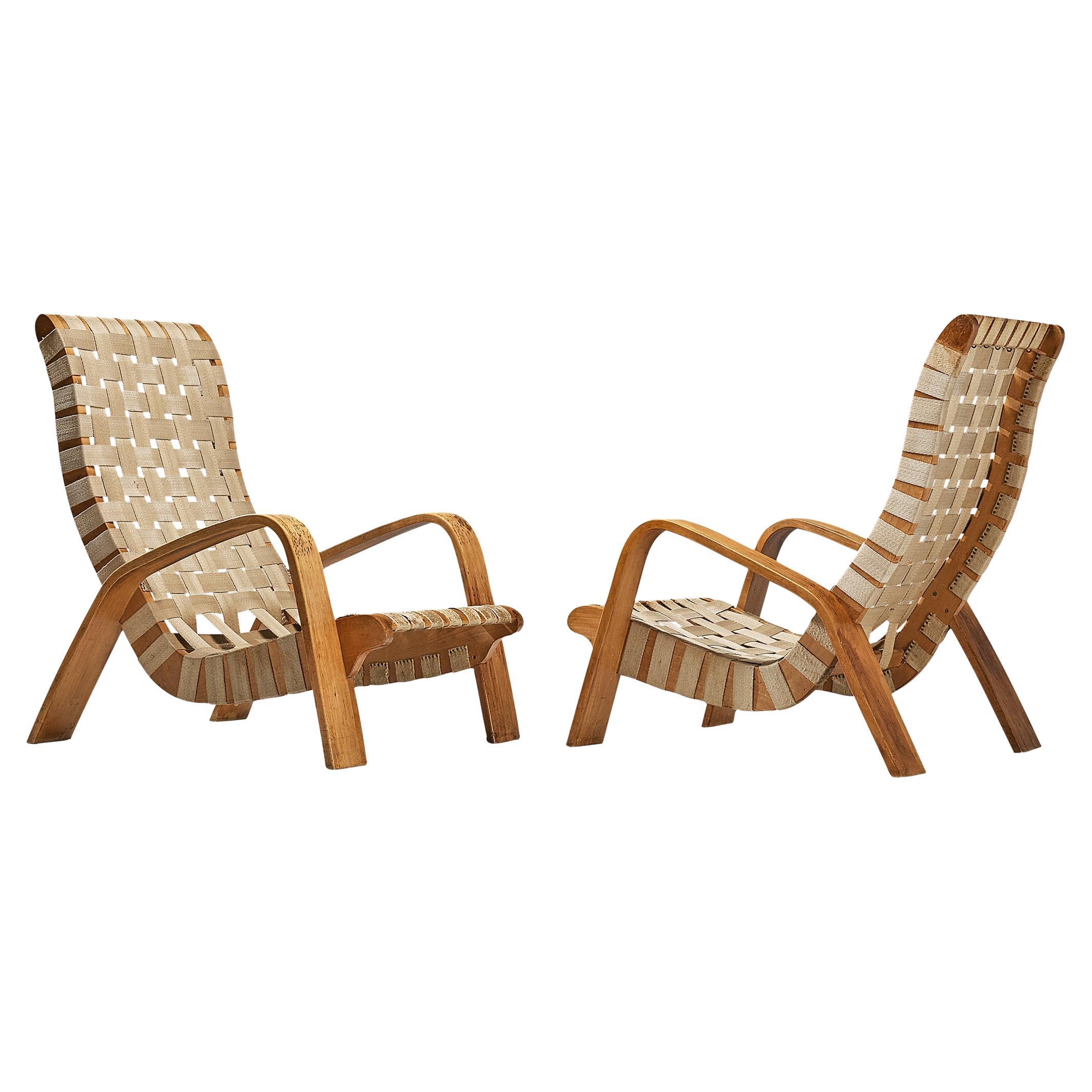 Sculptural Pair of Lounge Chairs with Canvas Webbing  For Sale