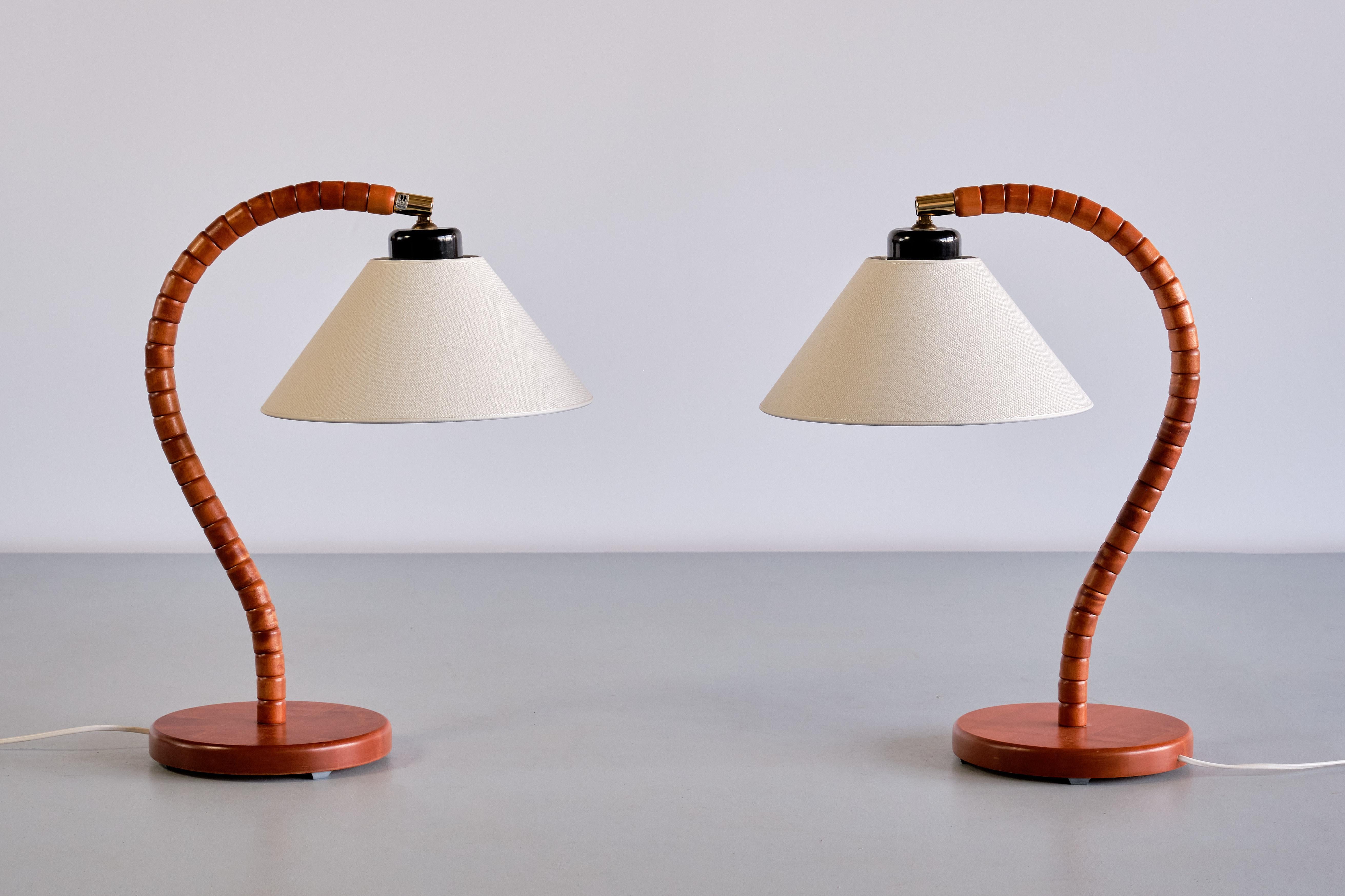 Sculptural Pair of Markslöjd Table Lamps in Beech, Brass, Linen, Sweden, 1960s 10