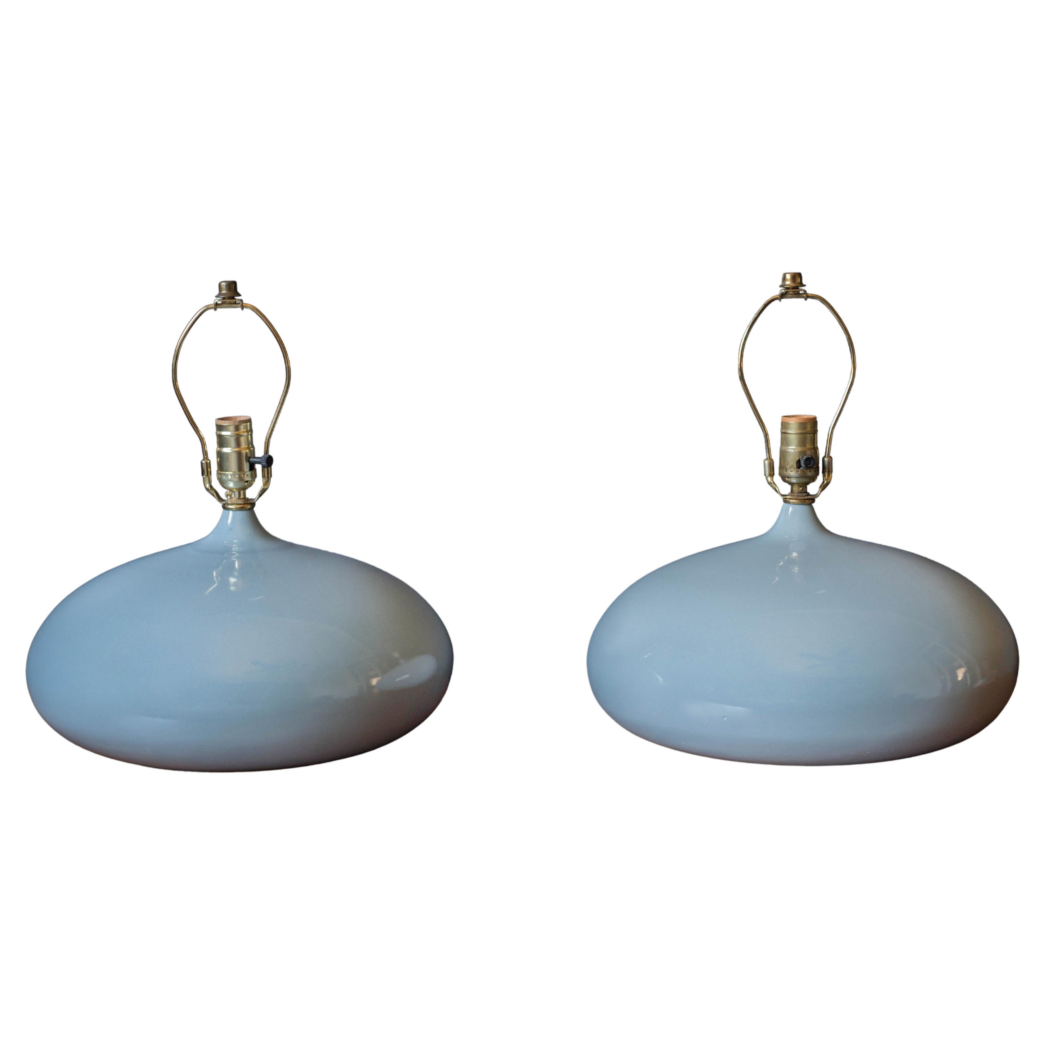 Sculptural Pair of Mid Century Modern Round Gray Ceramic Table Lamps, 1960's For Sale