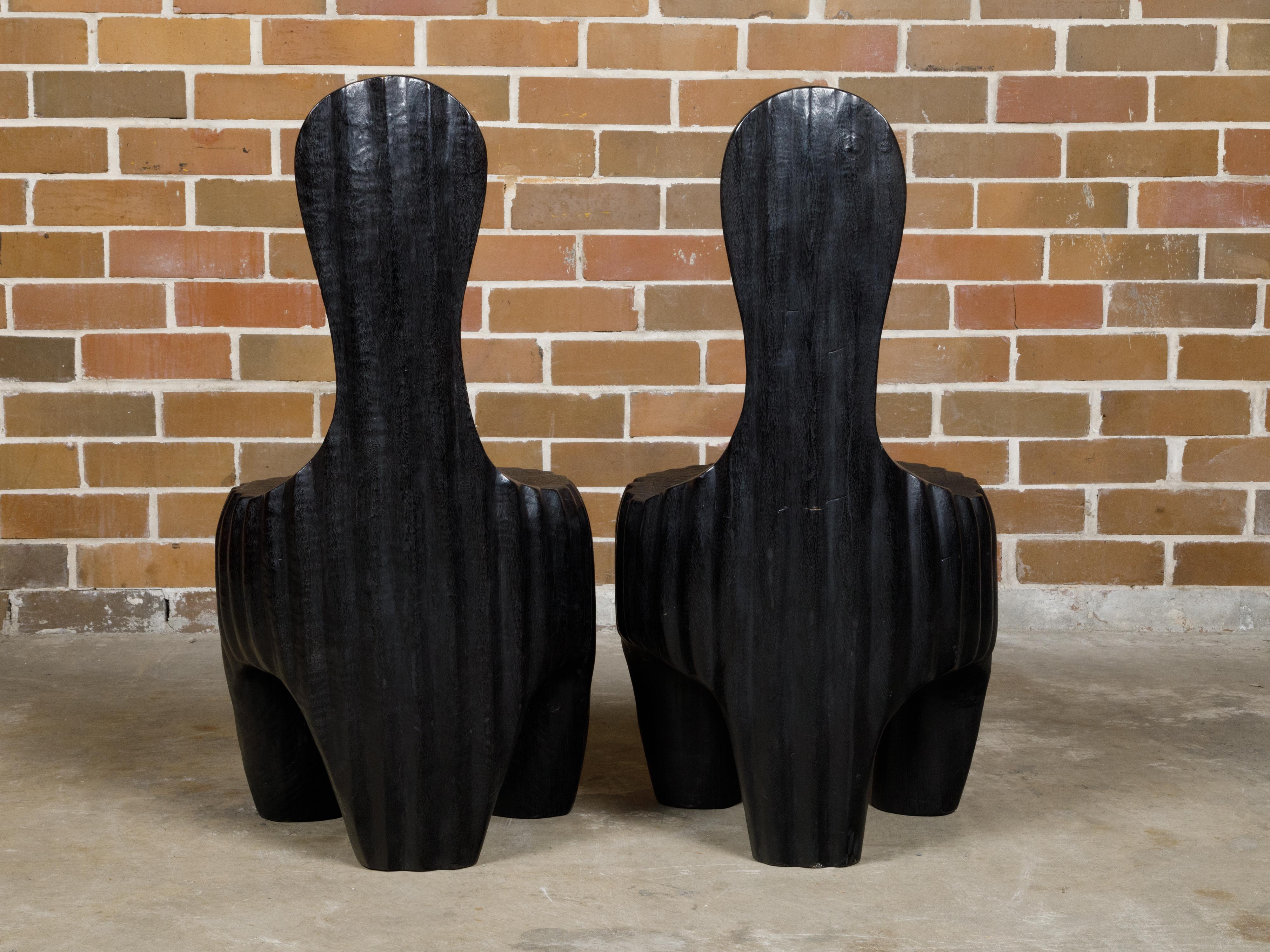 Sculptural Pair of Midcentury African Wood Spoon Back Black Chairs For Sale 5