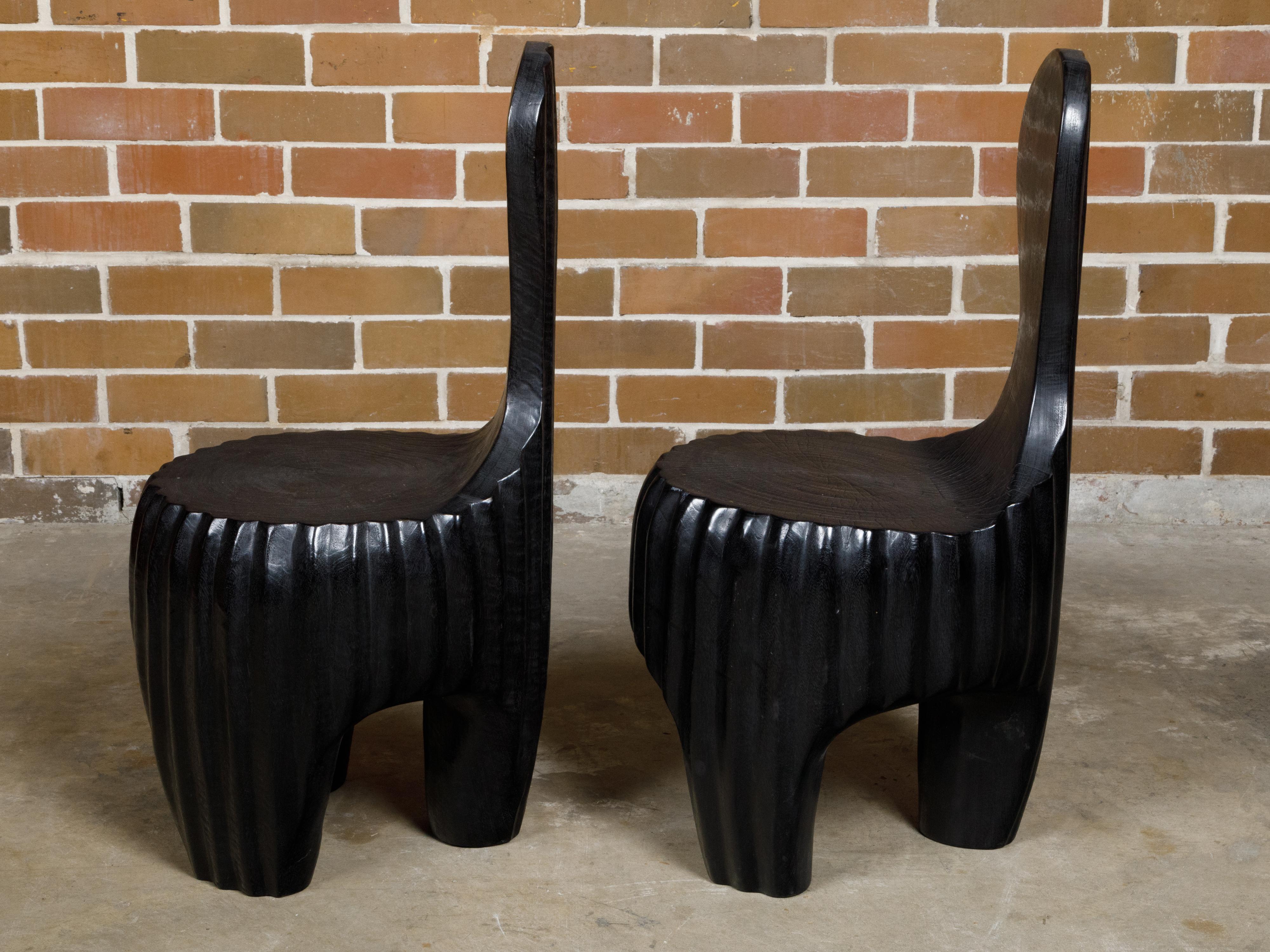 Sculptural Pair of Midcentury African Wood Spoon Back Black Chairs For Sale 6