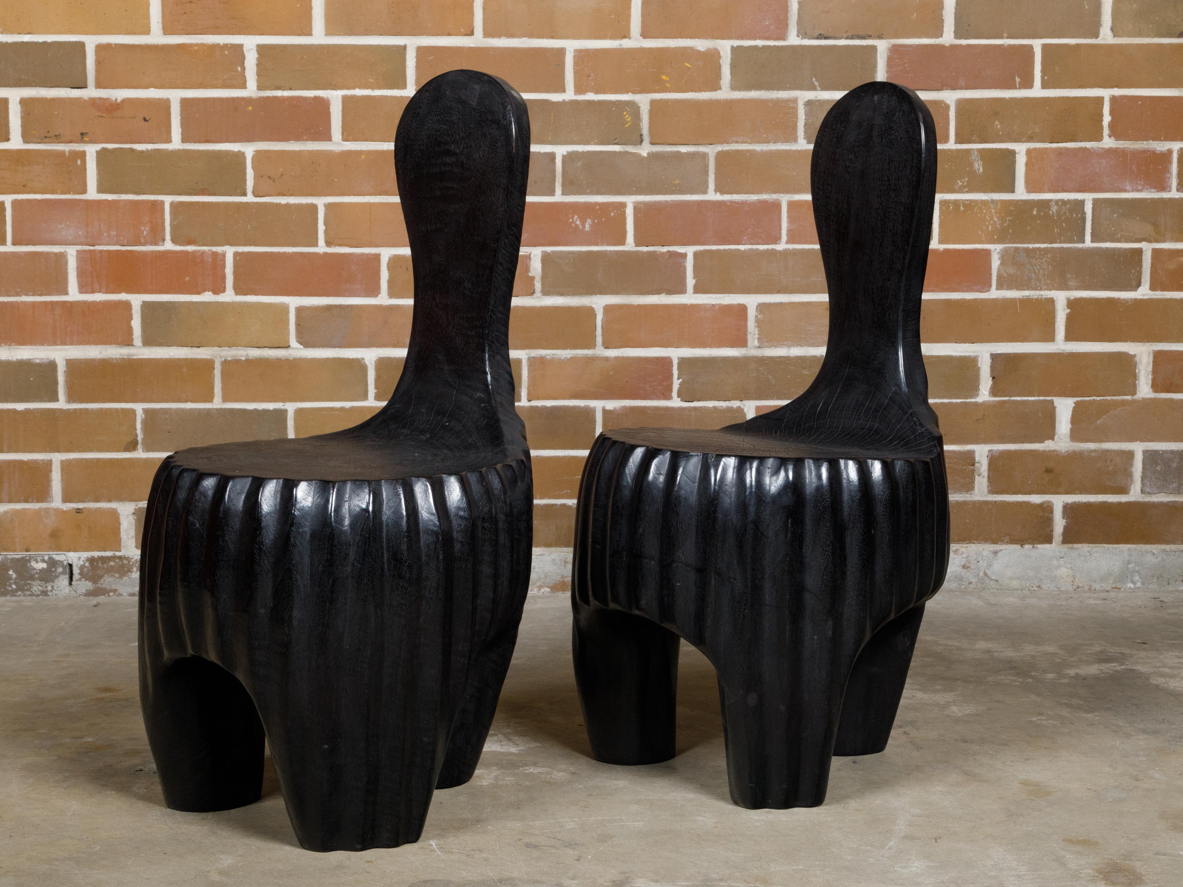 Sculptural Pair of Midcentury African Wood Spoon Back Black Chairs For Sale 7