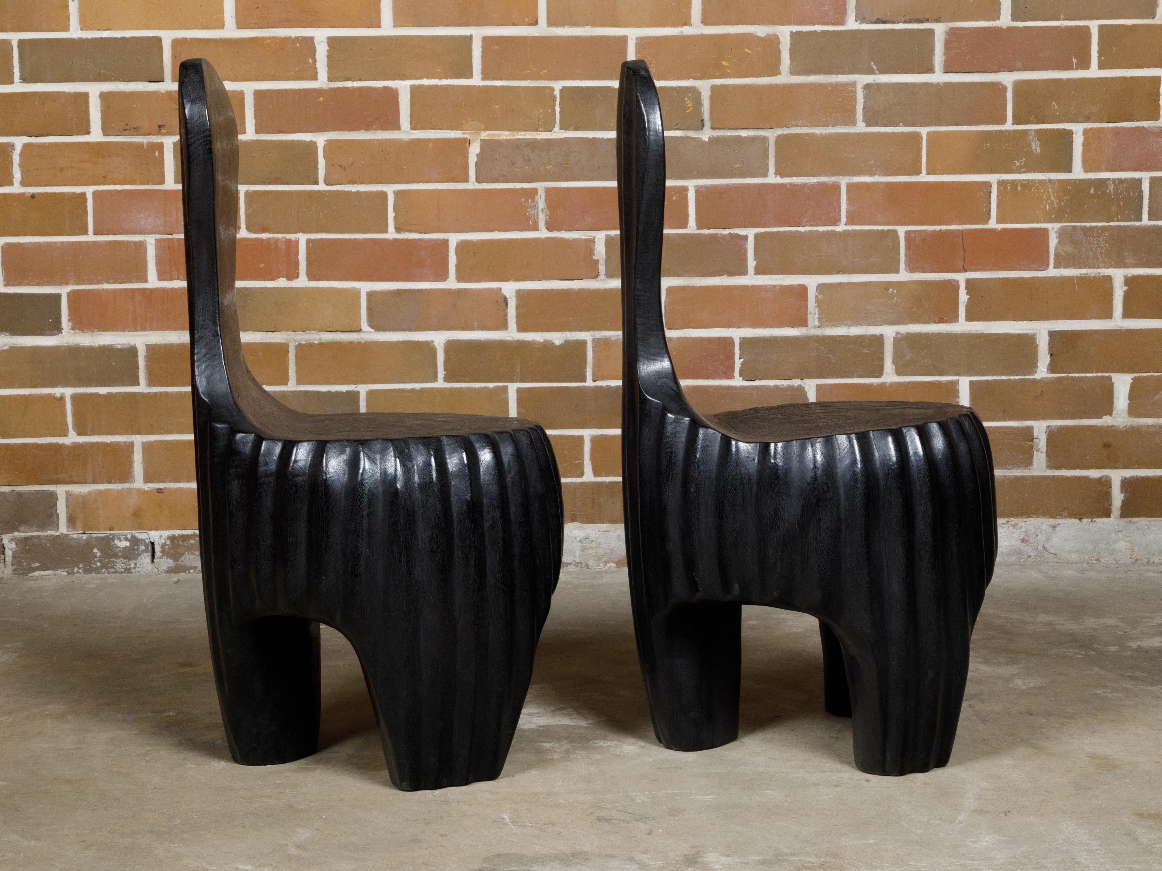 Sculptural Pair of Midcentury African Wood Spoon Back Black Chairs For Sale 4