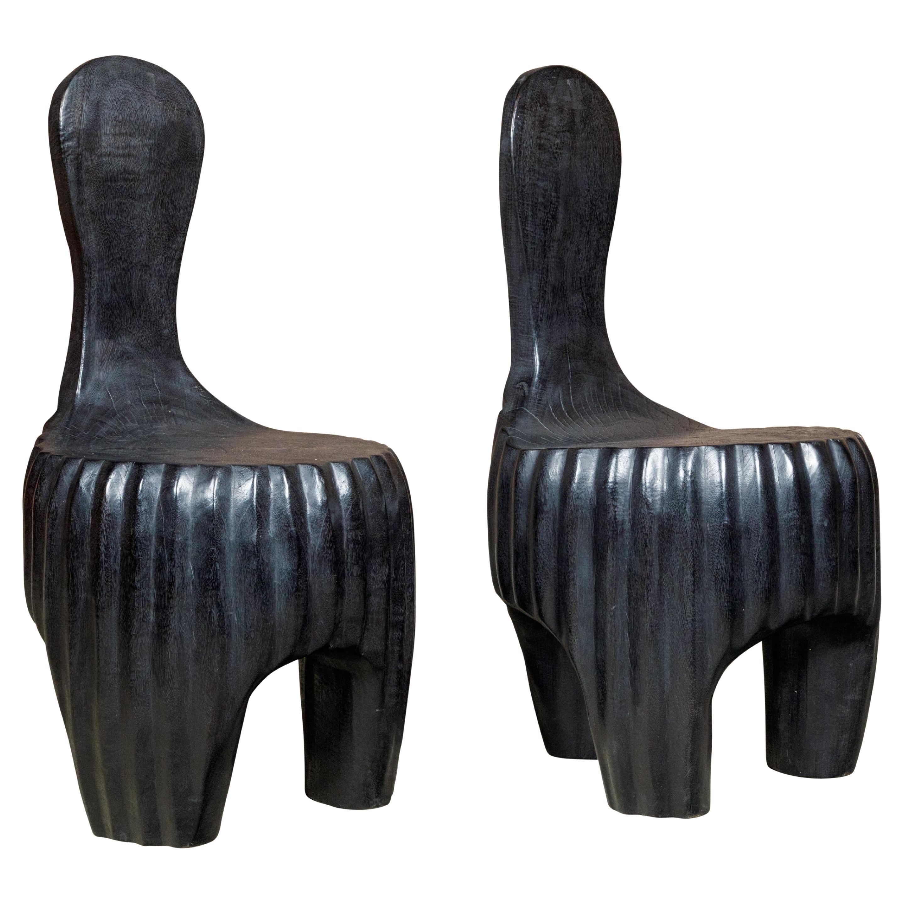 Sculptural Pair of Midcentury African Wood Spoon Back Black Chairs For Sale