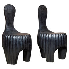 Sculptural Pair of Midcentury African Wood Spoon Back Black Chairs