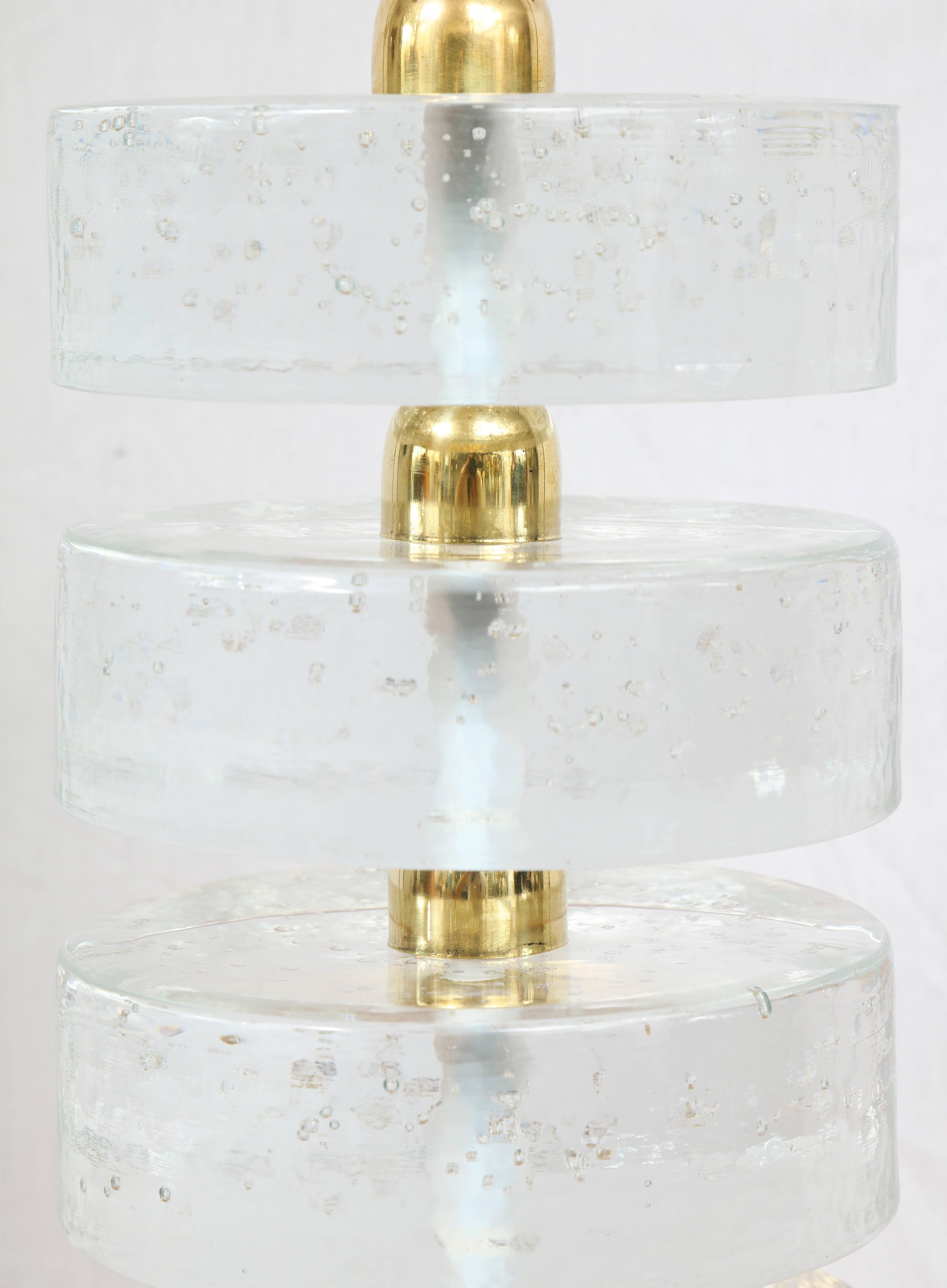Brass Custom Pair of Sculptural Murano Cylindrical Glass Lamps For Sale