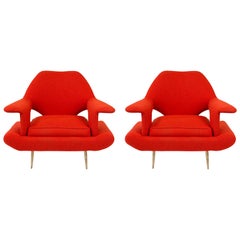 Sculptural Pair of Orange Midcentury Italian Lounge Chairs