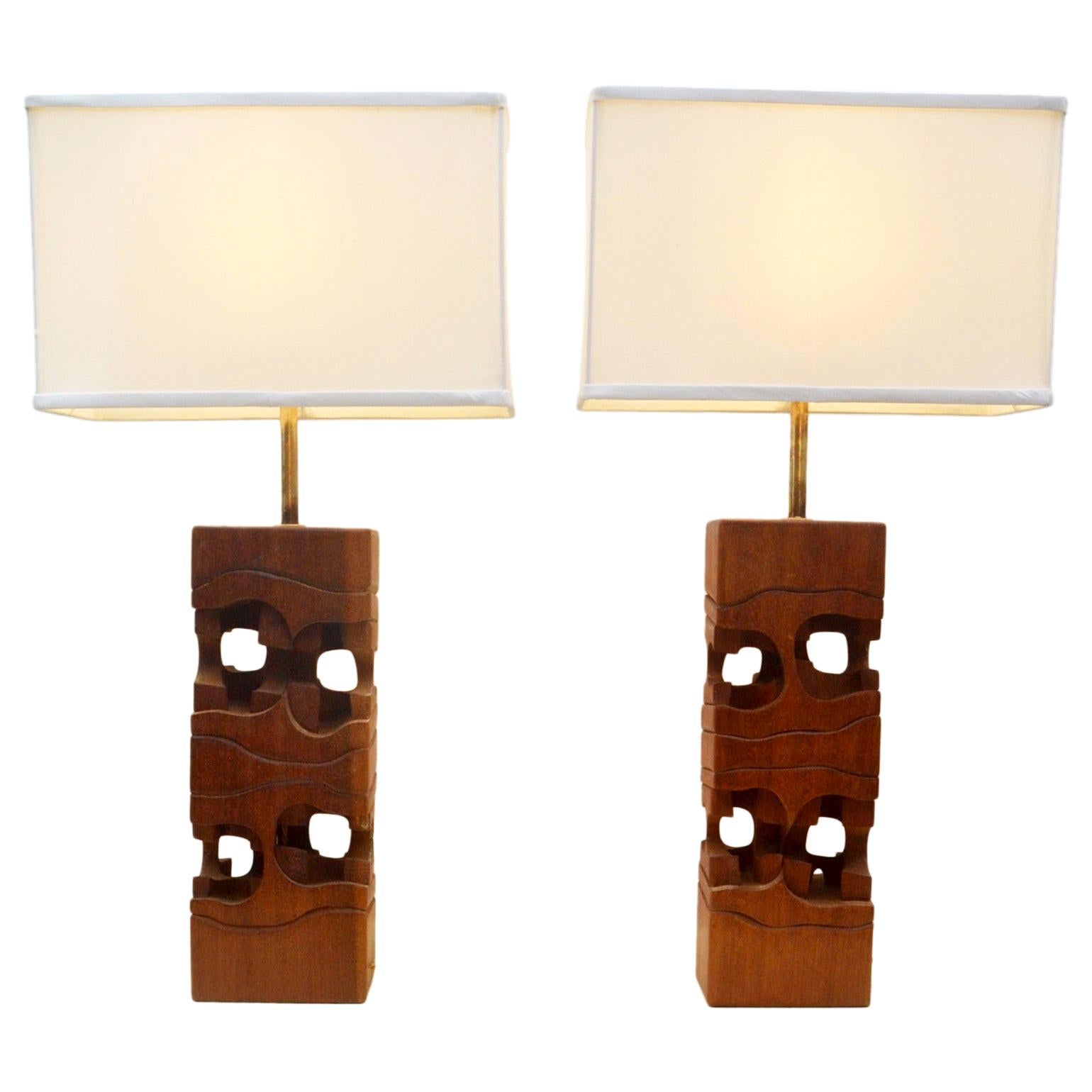 1970's Table Lamps by Brian Willsher Carved in Wood