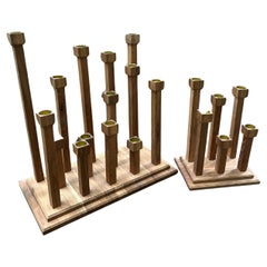 Vintage Sculptural Pair of Swedish Oak and Brass Candlesticks from the 1970s