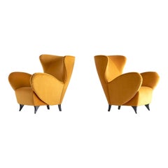 Sculptural Pair of Turin School Wingback Armchairs in Gold Velvet, Italy, 1940s