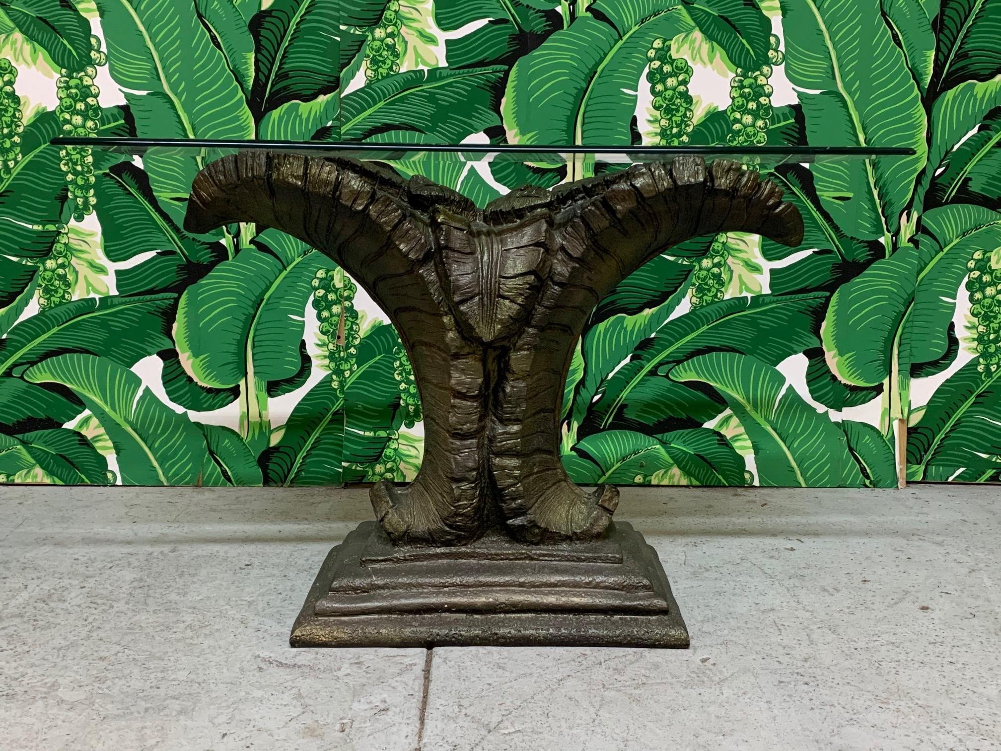Console table sculpted in form of large palm leaves. Based in the style of Serge Roche or Dorothy Draper. Console features dramatic tropical tree designed pedestal with a glass top. Very good condition with only minor imperfections consistent with