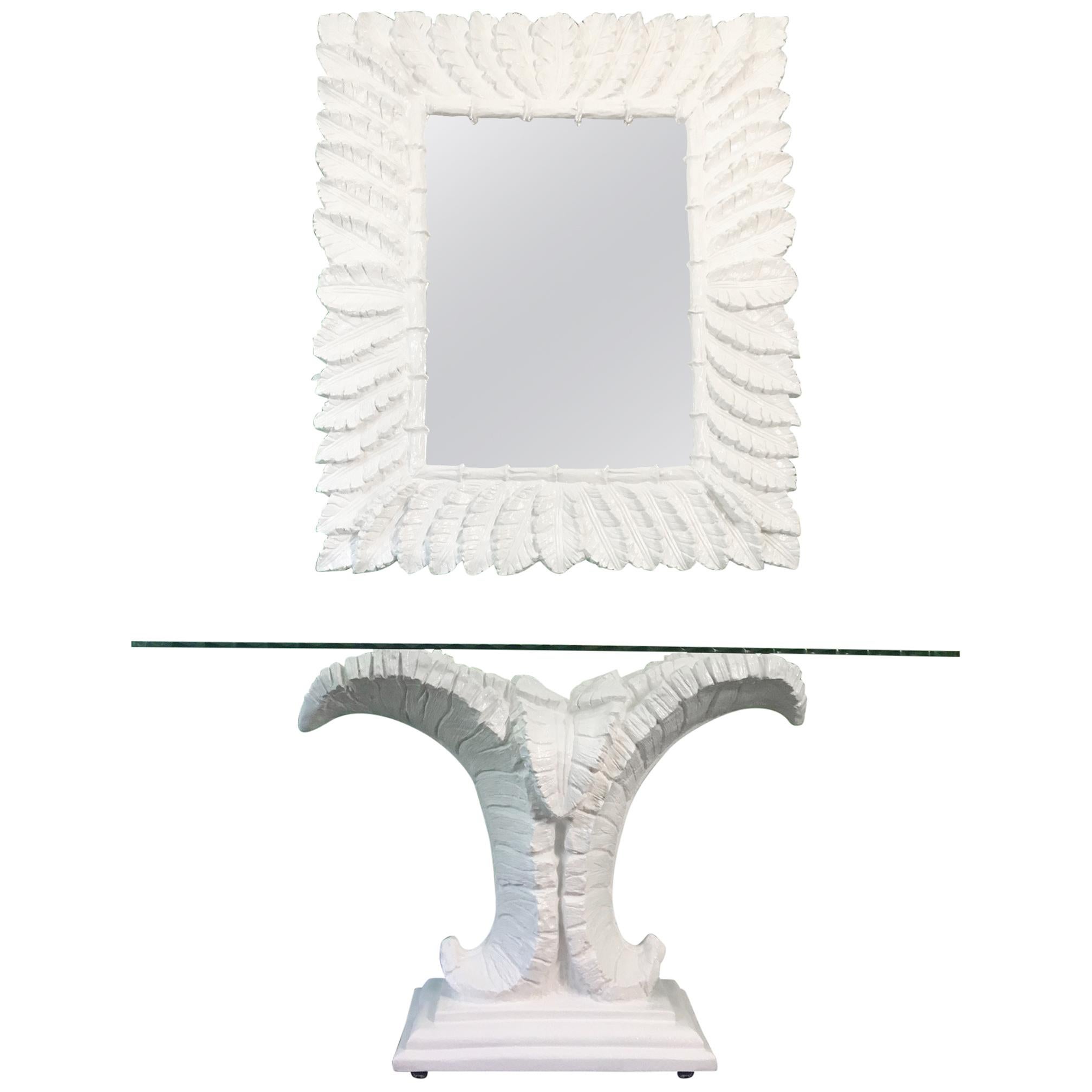 Sculptural Palm Leaf Console Table and Mirror After Serge Roche & Dorothy Draper For Sale