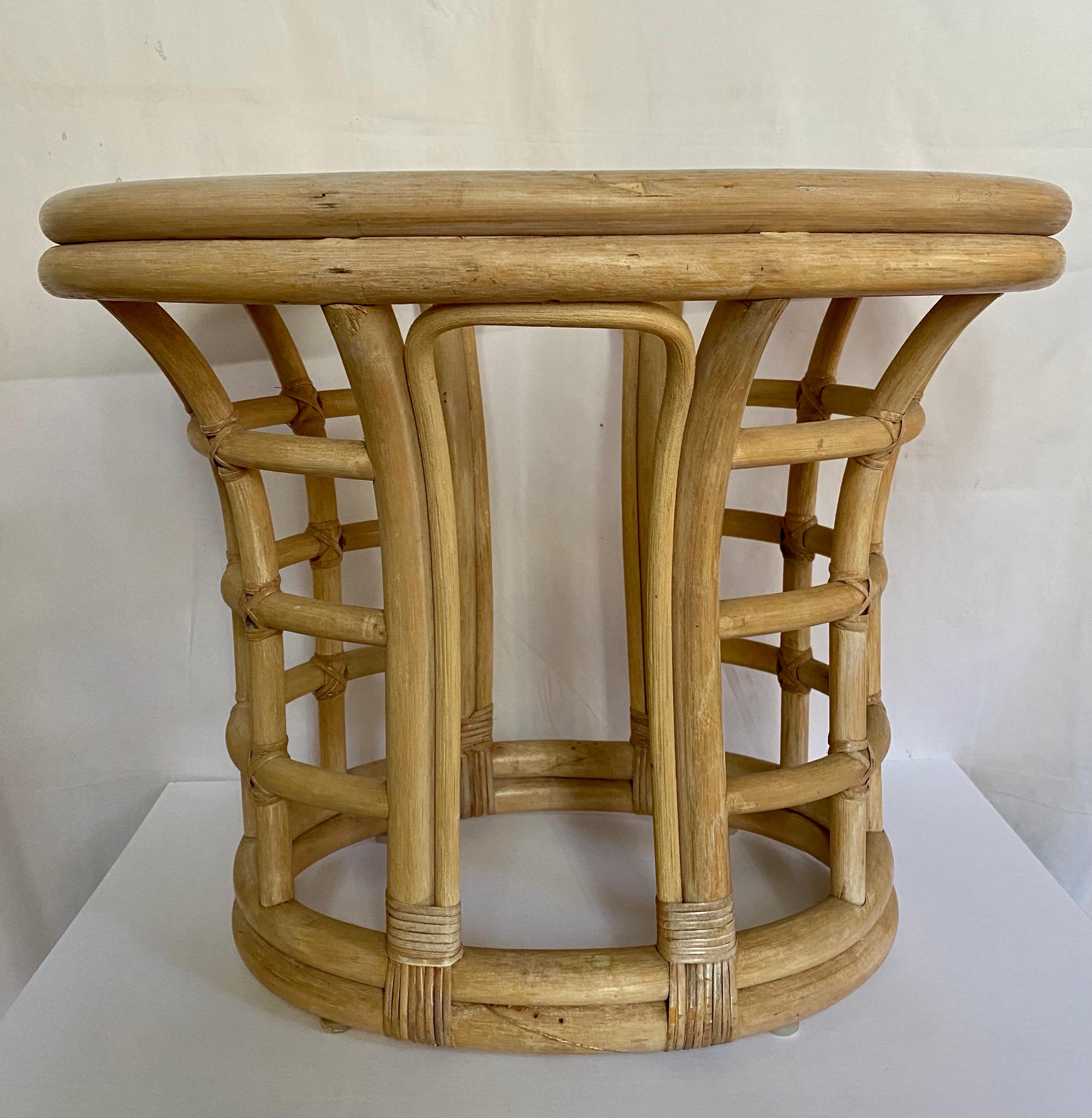 Sculptural Palm Regency Oval Rattan and Glass Side End Table In Good Condition For Sale In Lambertville, NJ