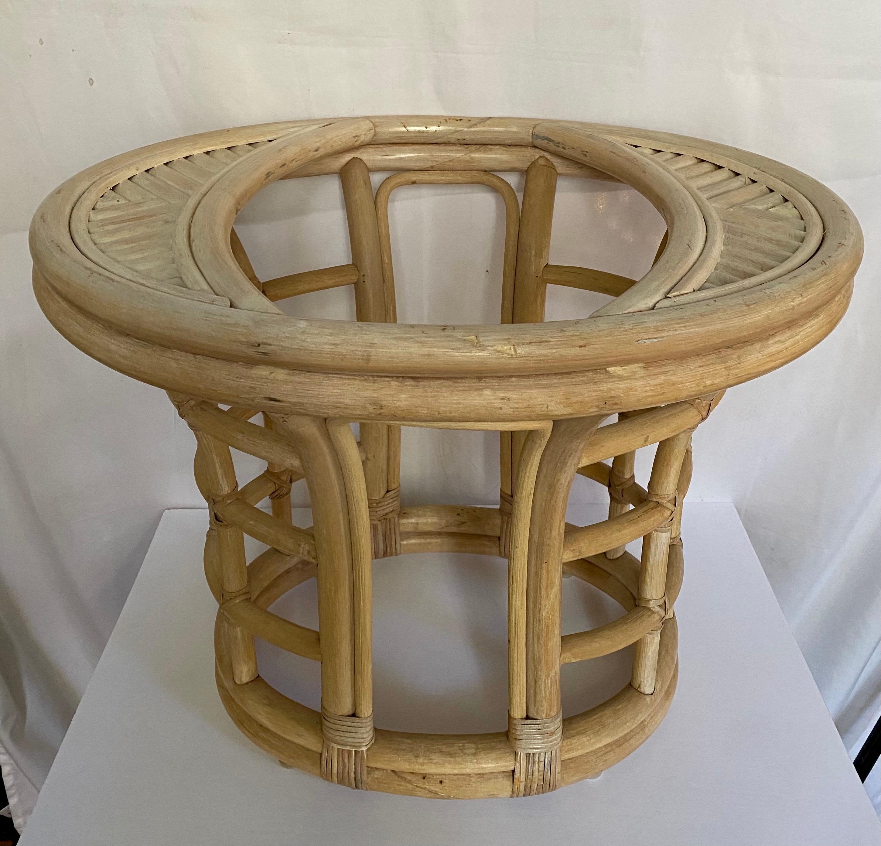 Bamboo Sculptural Palm Regency Oval Rattan and Glass Side End Table For Sale