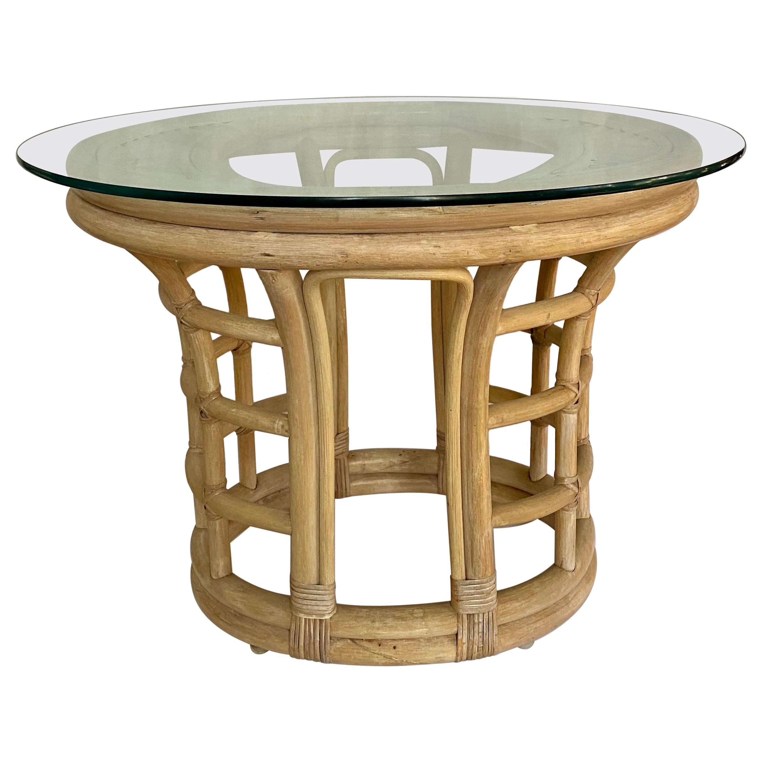 Sculptural Palm Regency Oval Rattan and Glass Side End Table