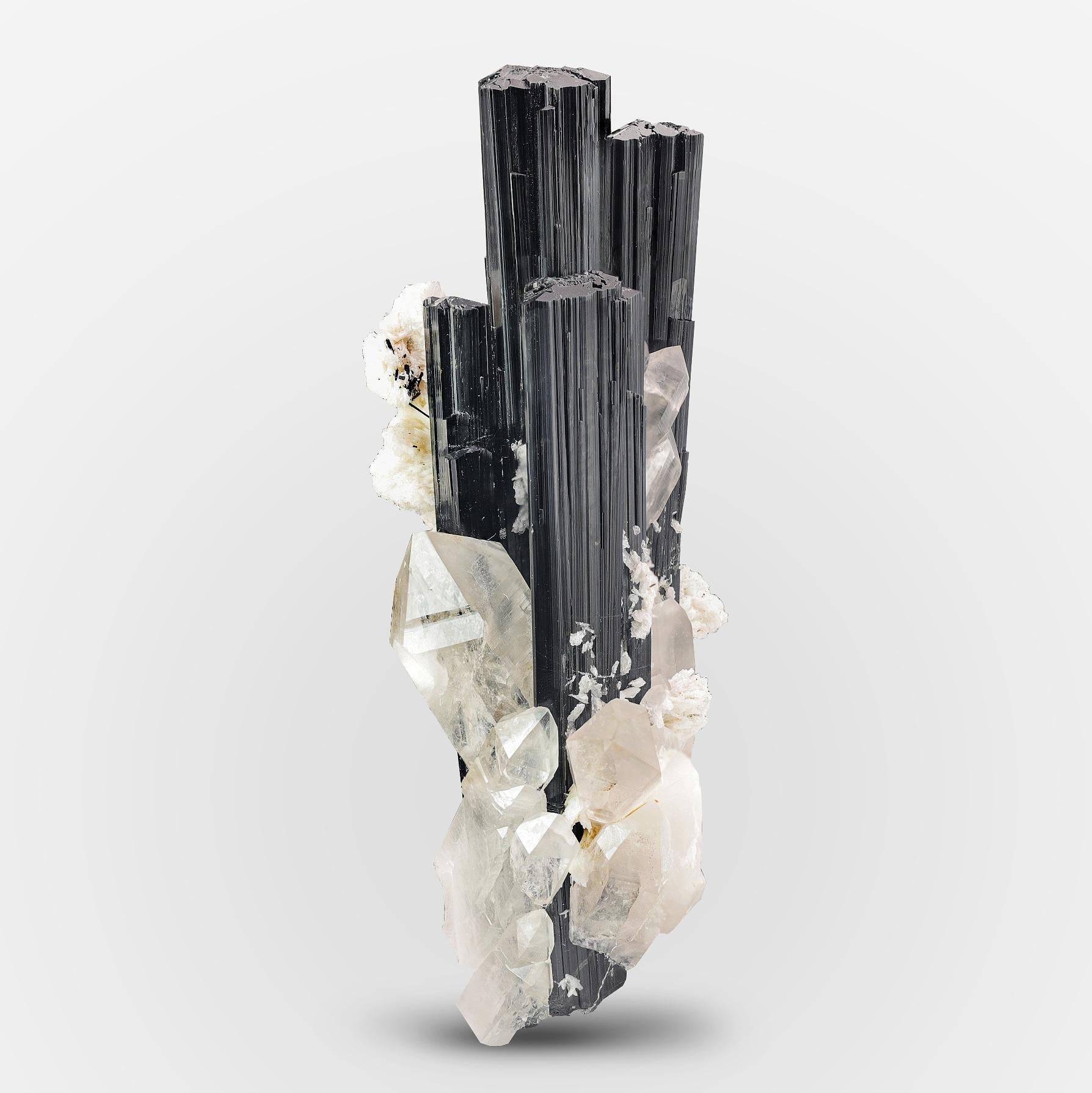 Uncut Sculptural Parallel Schorl Black Tourmaline Crystals With Quartz From Pakistan For Sale