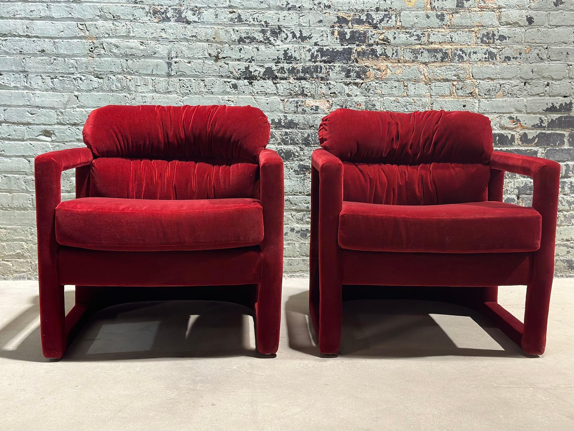 Sculptural Parsons Open Arm Lounge Chairs, 1970's. Newly reupholstered in a dual tone red with orange backing velvet.
Measure 30