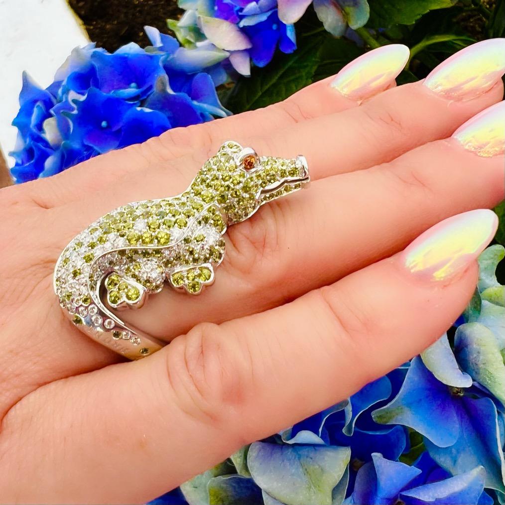 Whimsical and bold, this sculptural wonder from famed Italian designer Pasquale Bruni is a one-of-a-kind find! From the Pensiero D'Africa Collection, created in 18k white gold and depicting a crocodile whose tail wraps around your finger, it is