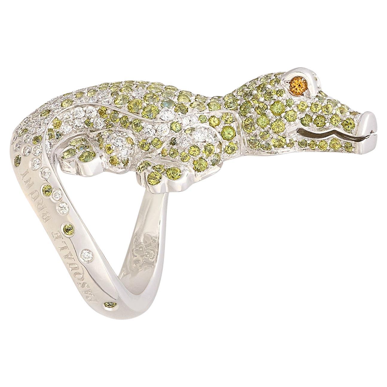 Sculptural Pasquale Bruni Gem-Set & 18k White Gold Crocodile Ring For Sale