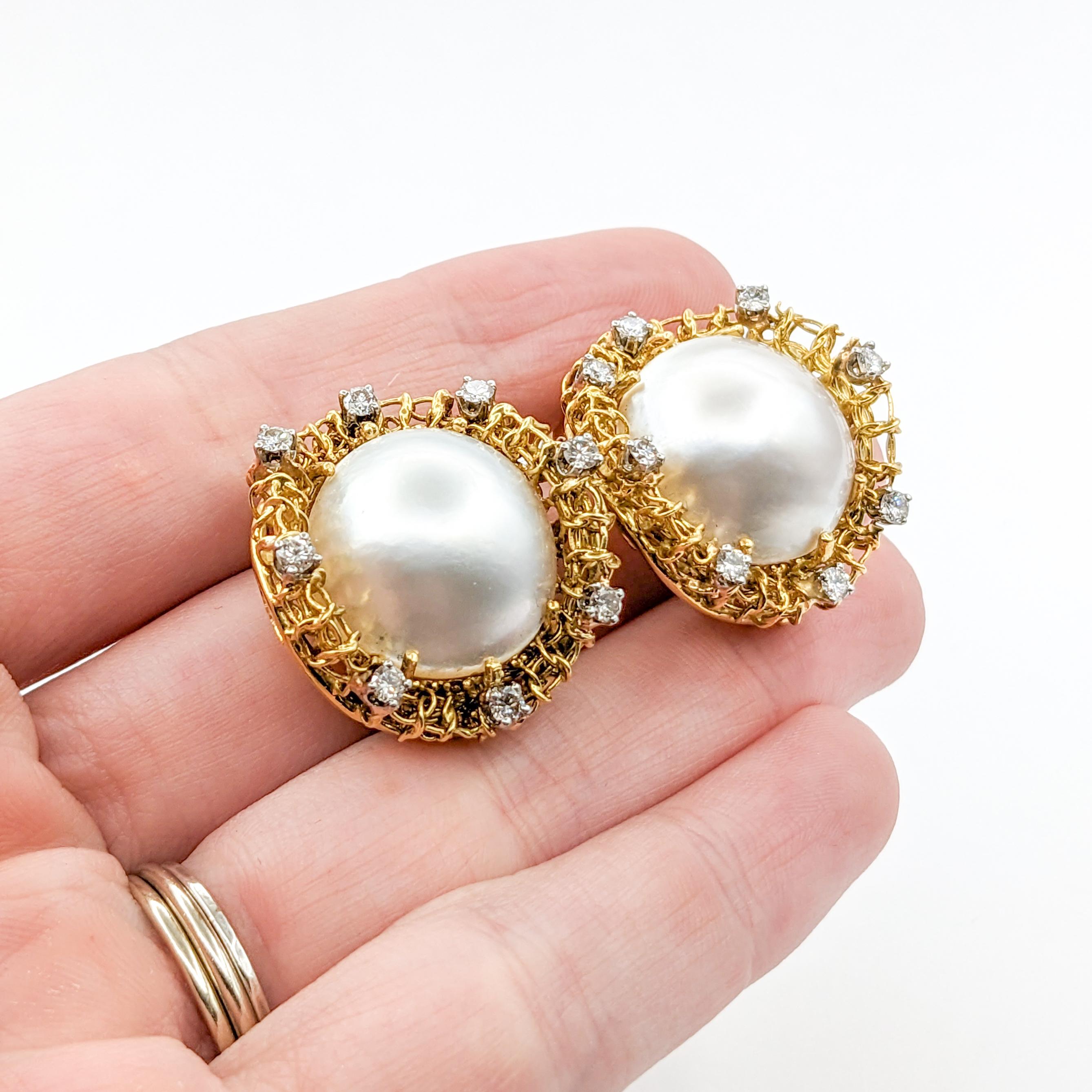 Modern Sculptural Pearl & Diamond Clip On Earrings in Gold For Sale