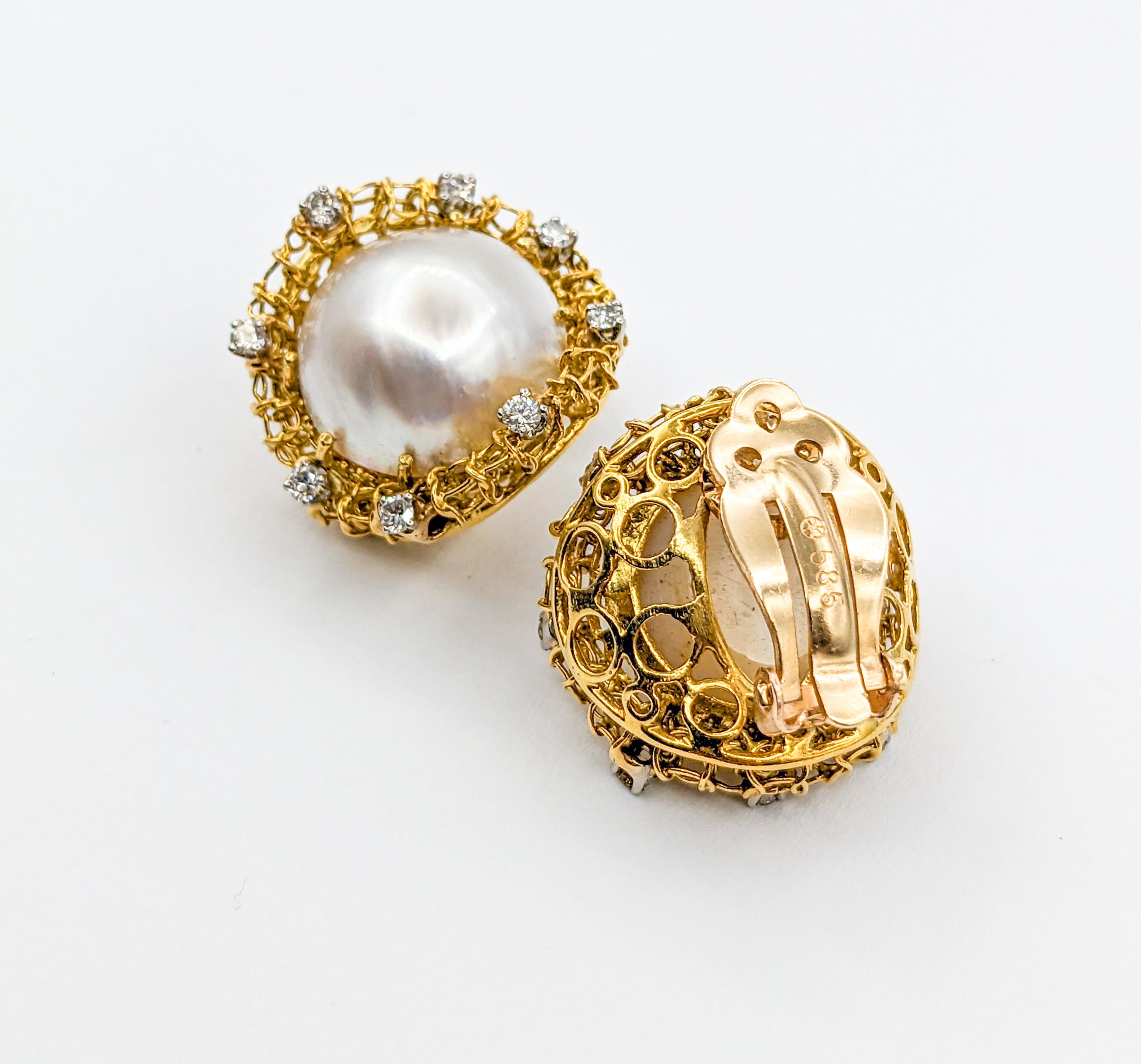 Round Cut Sculptural Pearl & Diamond Clip On Earrings in Gold For Sale